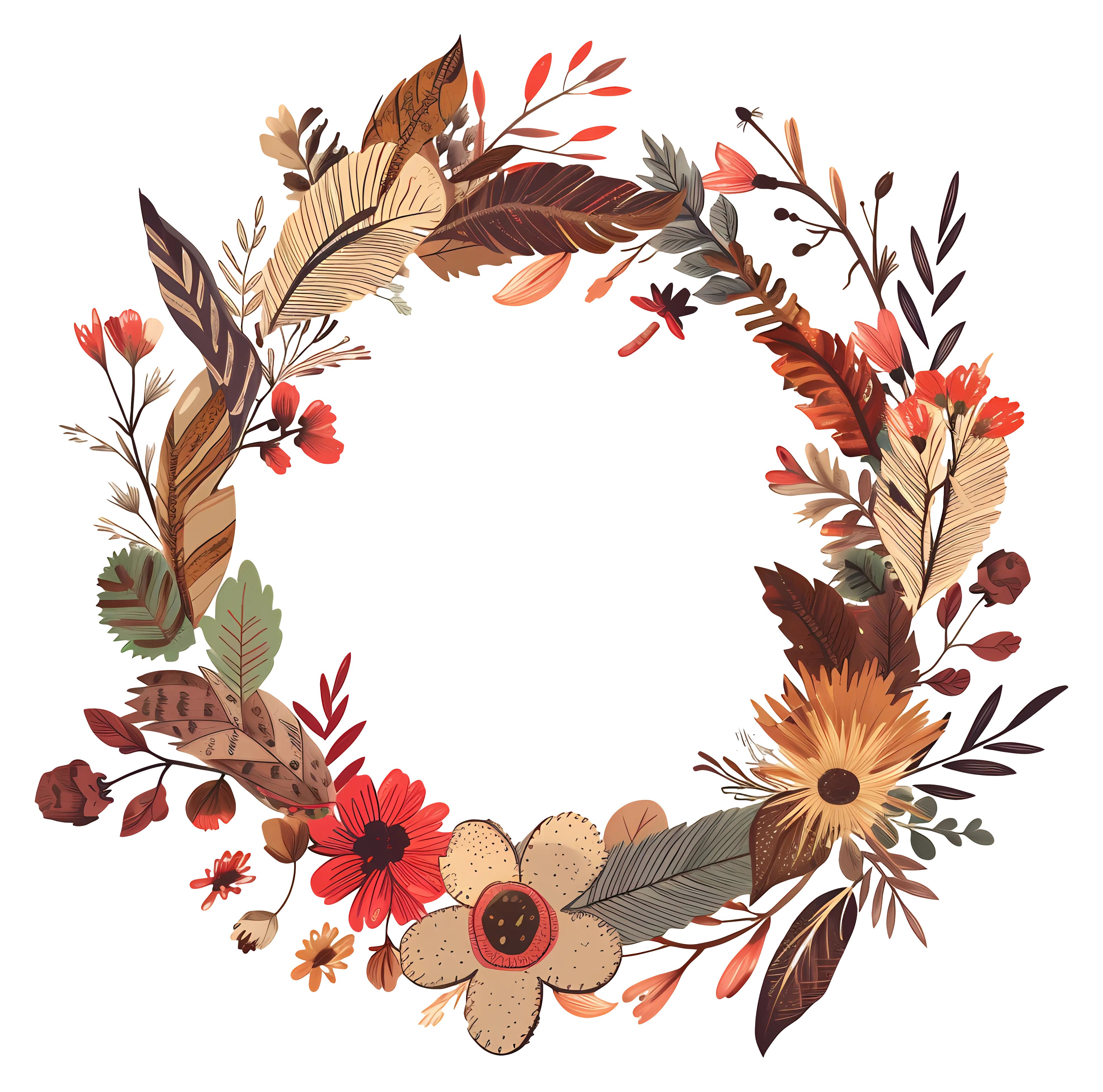 Floral Autumn Wreath with Leaves and Flowers