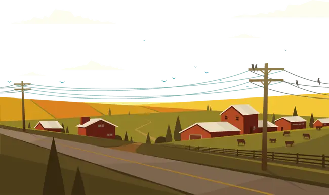 Countryside Farm with Road and Barns