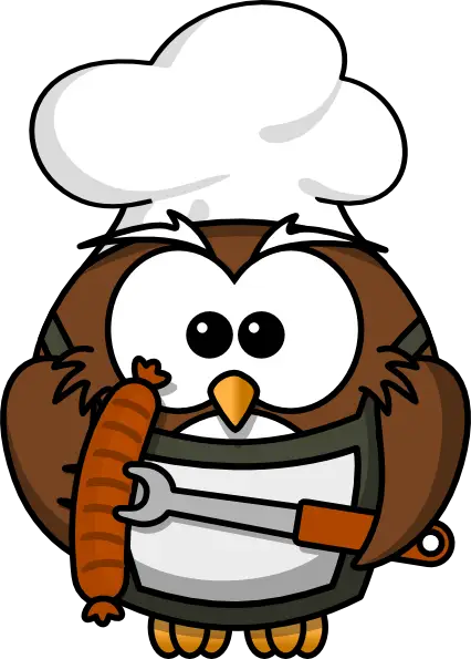 Funny Cartoon Owl Chef Holding a Sausage