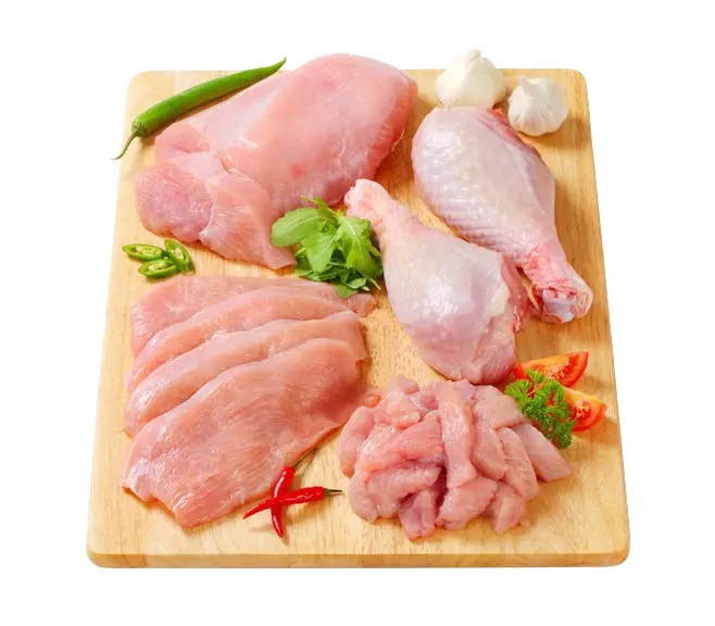 Assorted Raw Chicken Cuts on a Cutting Board