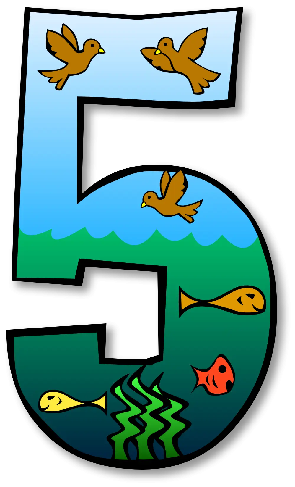 Number 5 with Birds and Fish Illustration