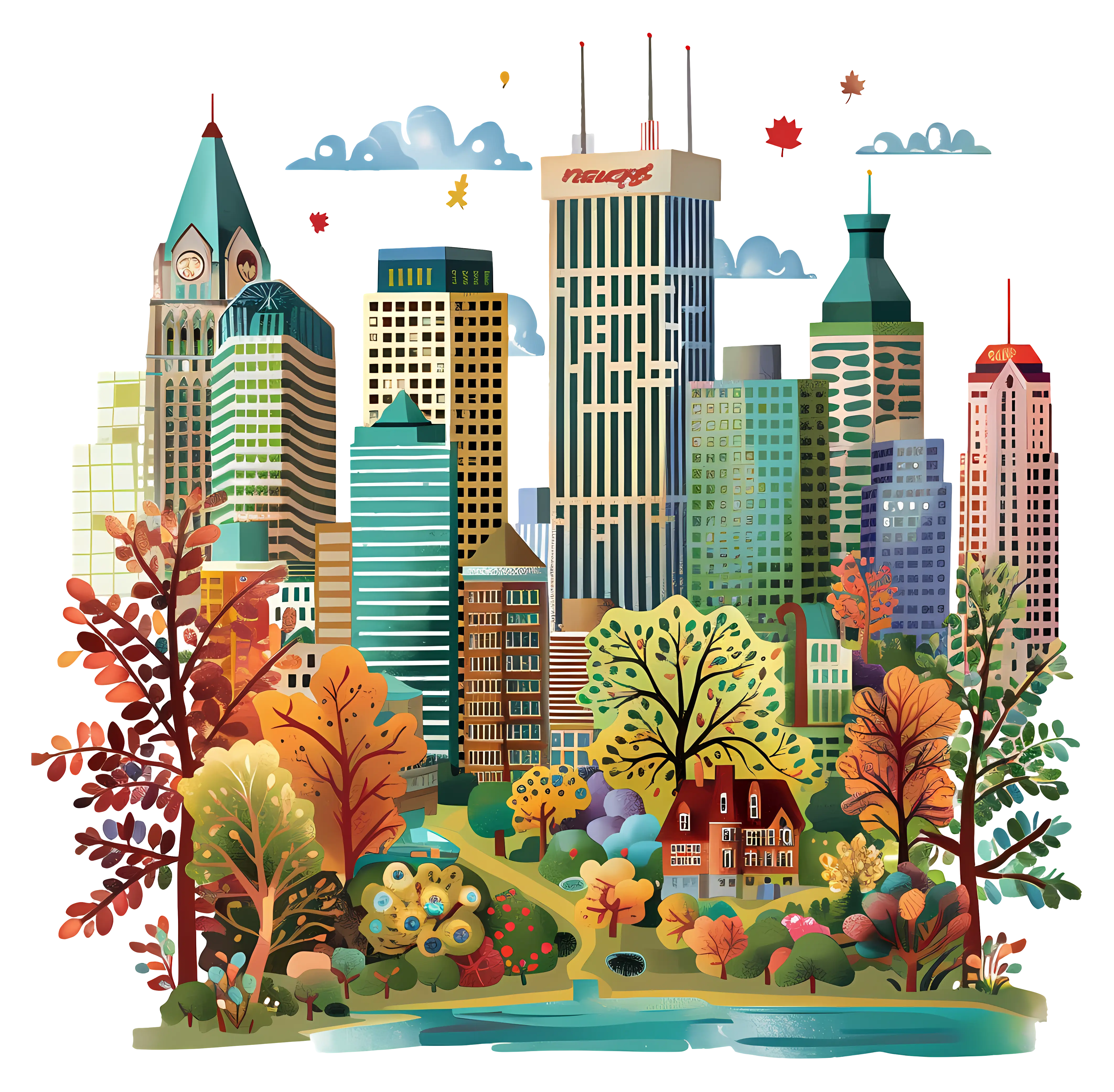 Autumn Park Cityscape with Falling Leaves