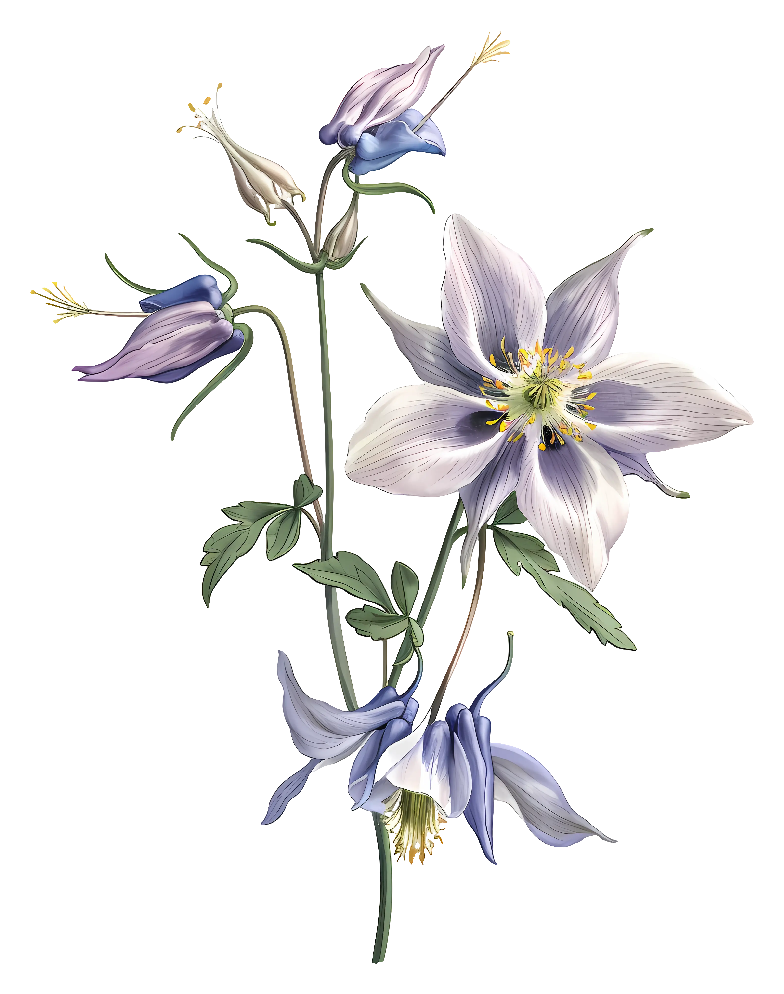 Purple and White Columbine Flowers Illustration