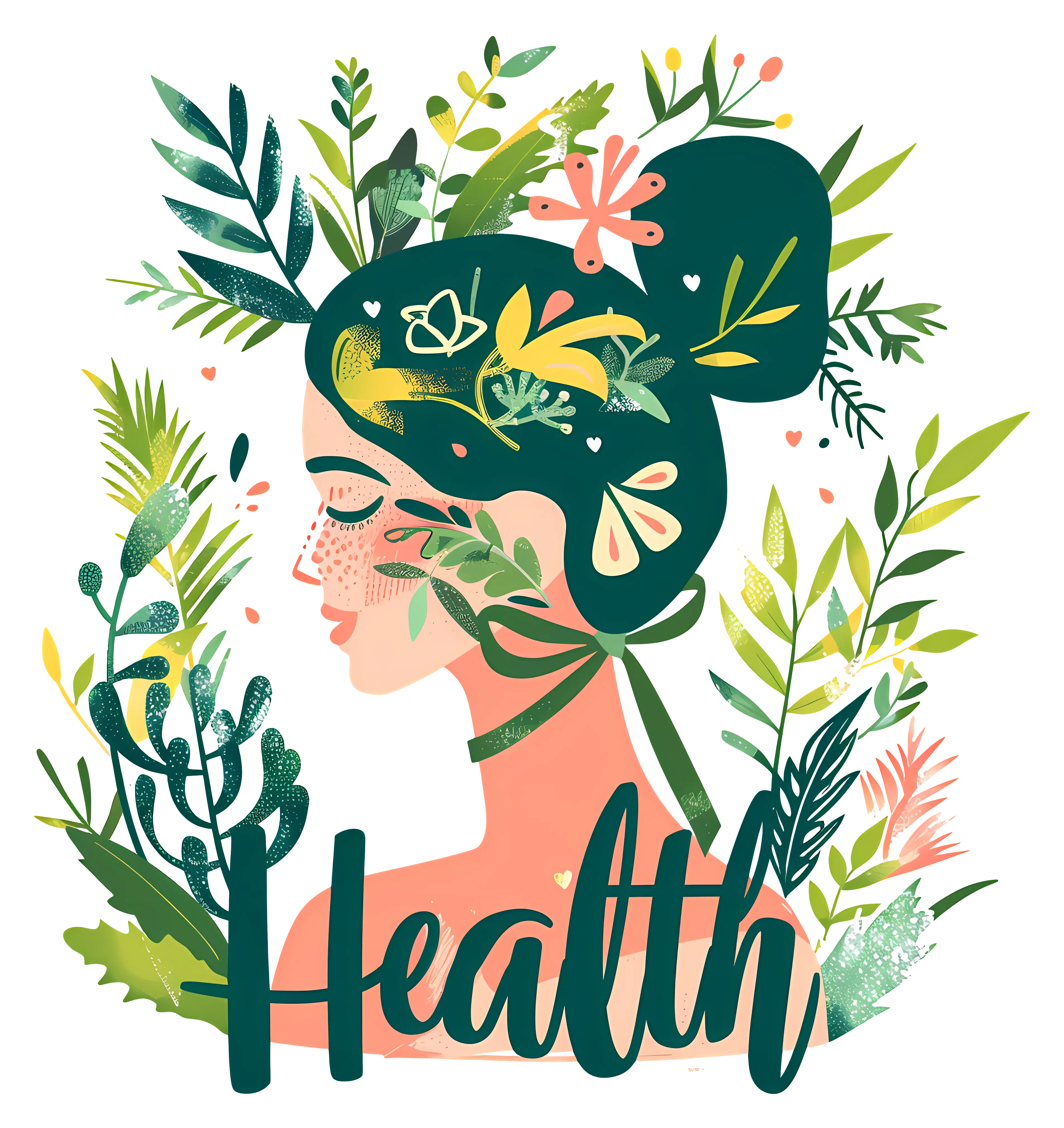 Health-inspired artistic female illustration surrounded by plants