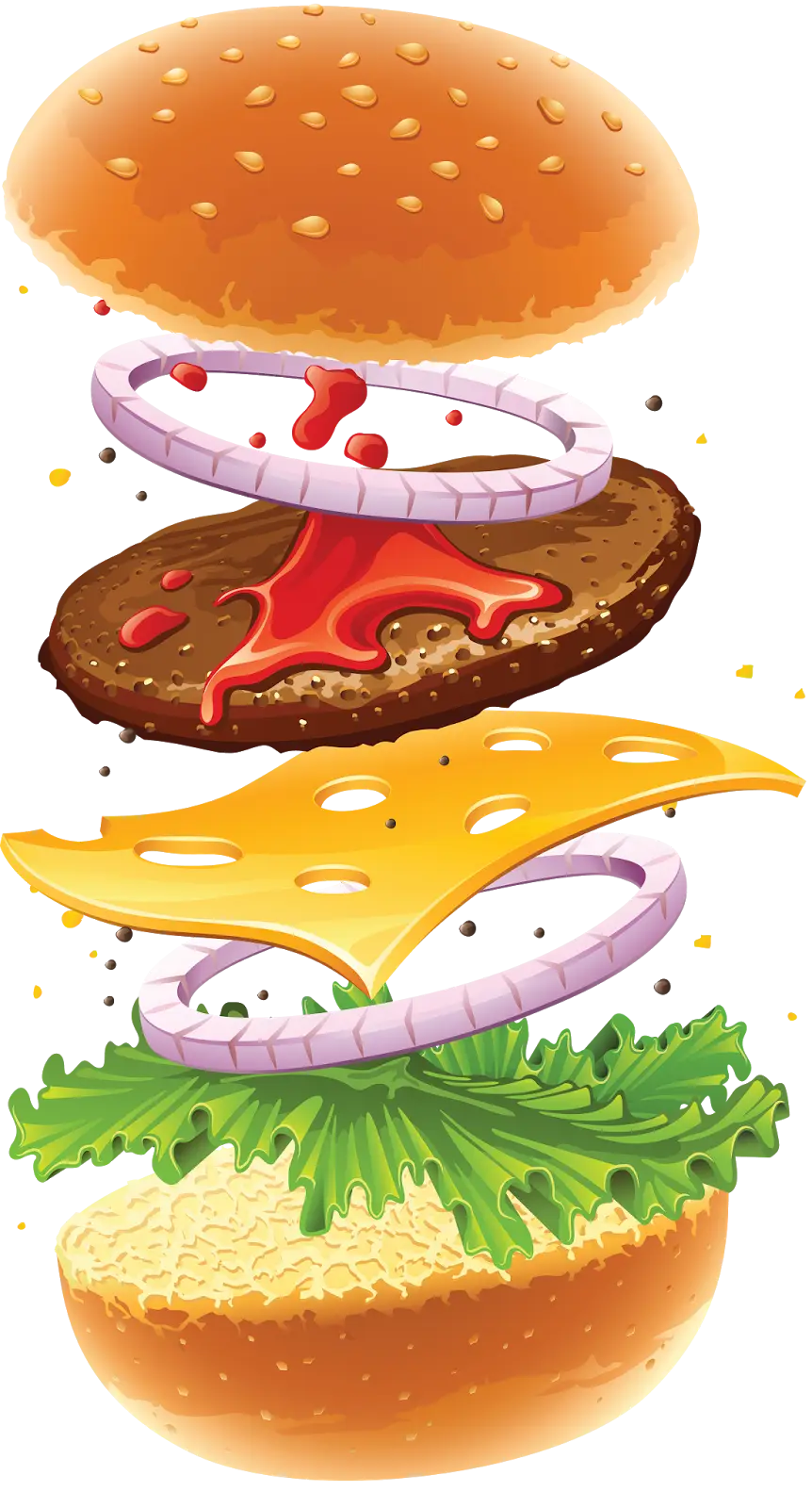 Layered Burger Illustration with Toppings