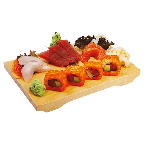 Sushi and Sashimi Platter on Wooden Tray