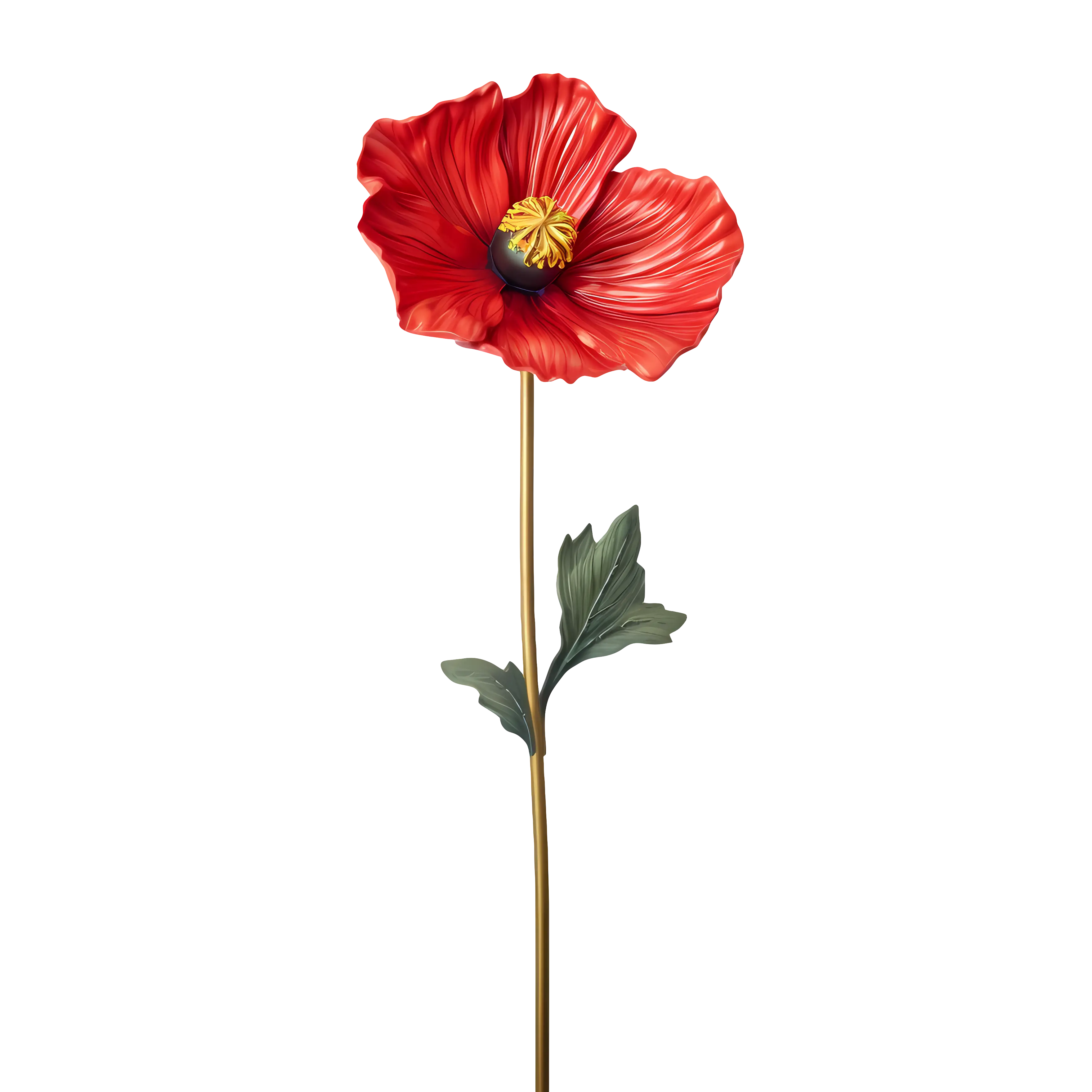 Single Red Poppy Flower with Thin Stem and Green Leaf