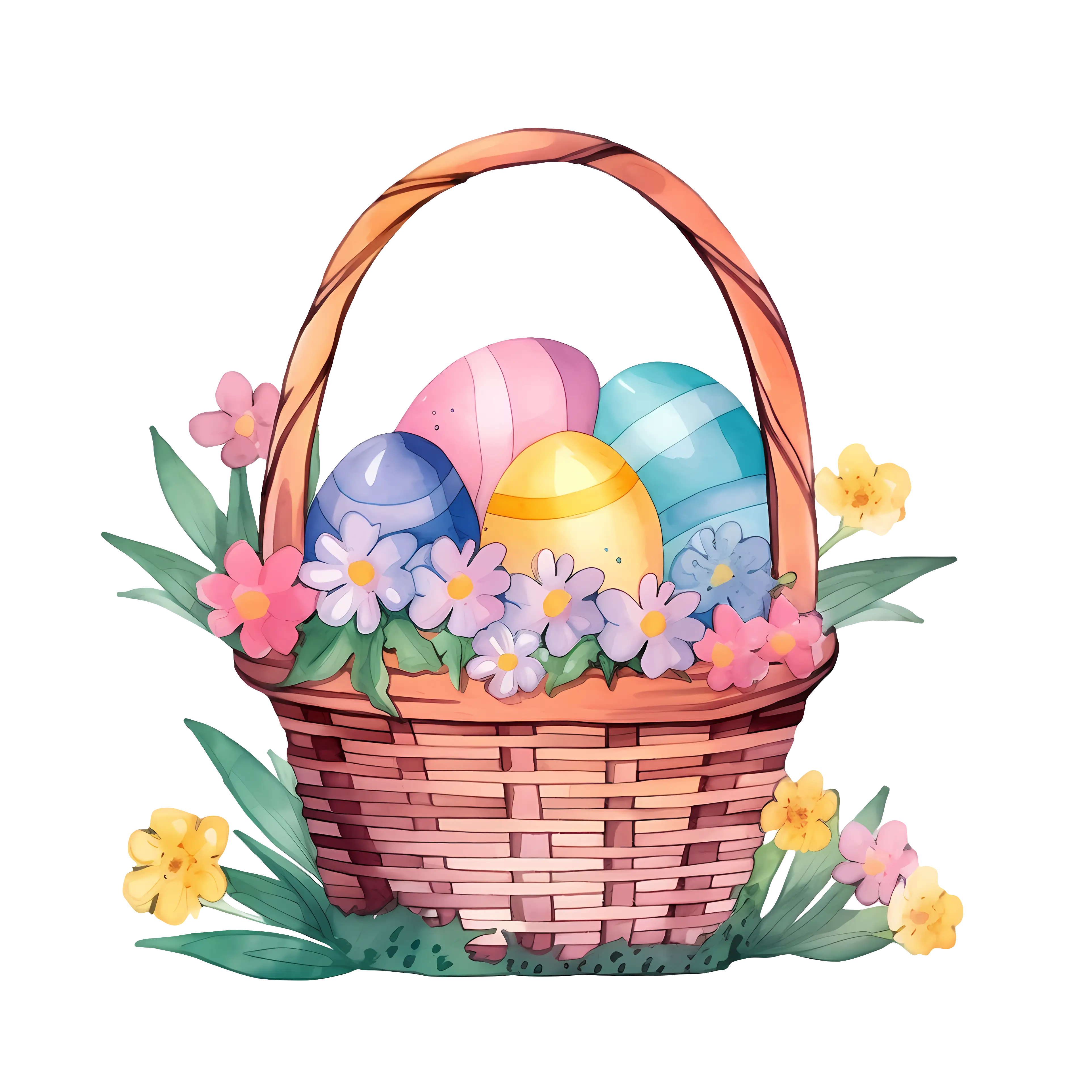 Easter Basket with Colorful Eggs and Spring Flowers Illustration