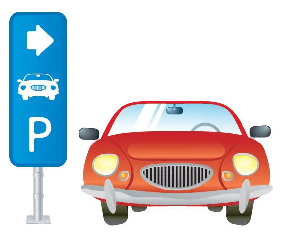 Red Car with Parking Sign