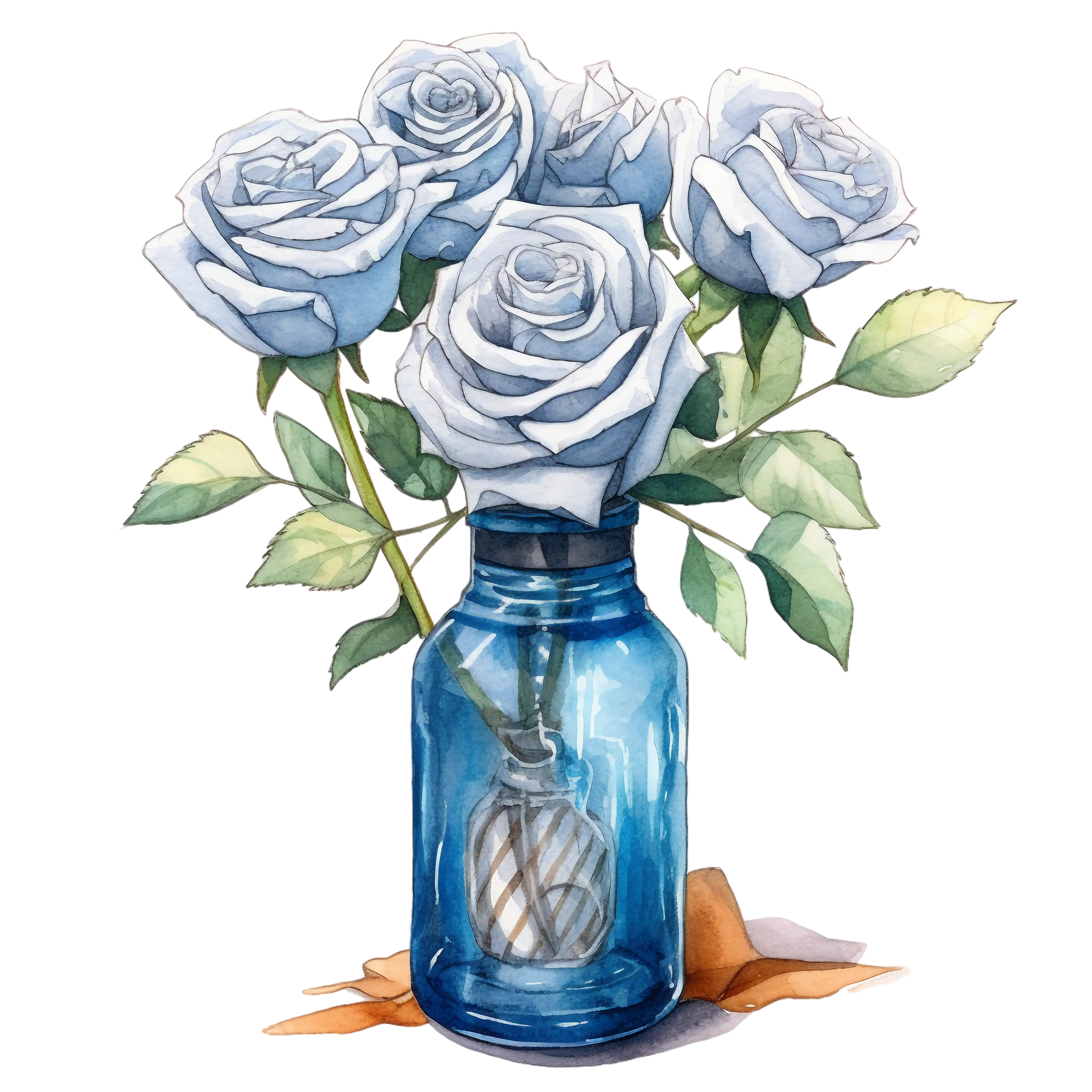 White Roses in a Glass Jar Watercolor Illustration