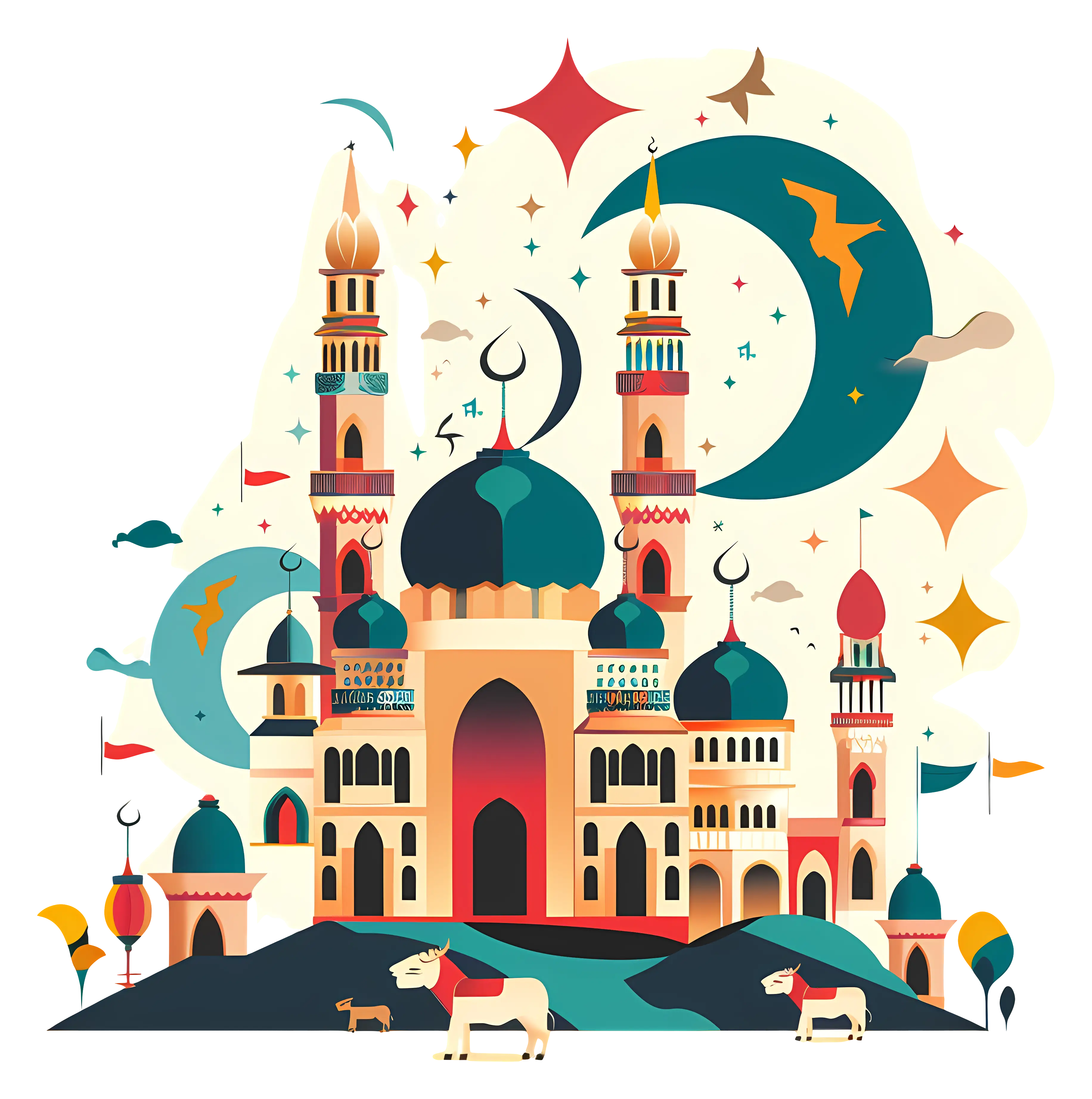 Colorful Mosque with Minarets and Domes