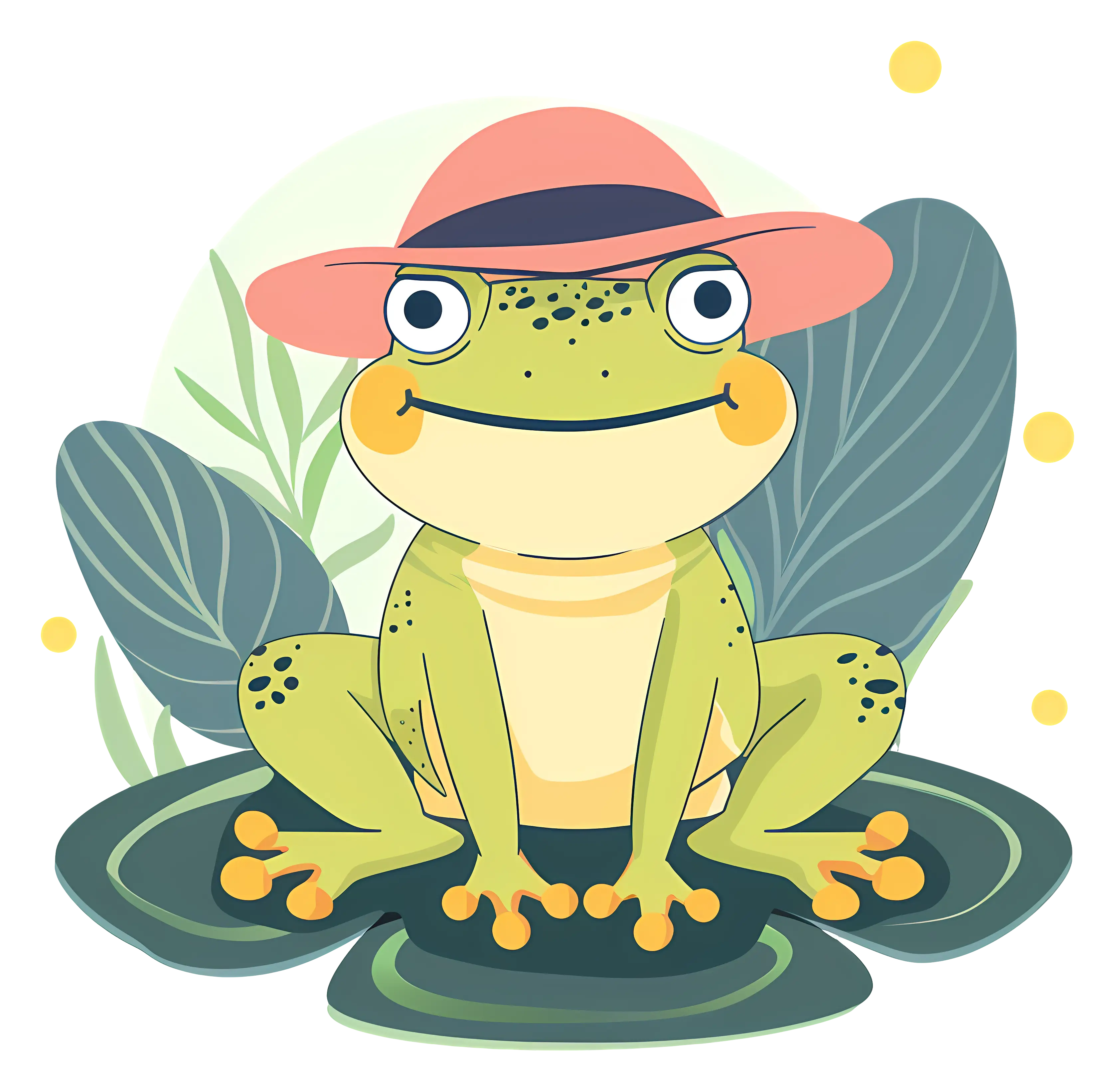 Cartoon Frog Wearing Pink Hat on Lily Pad