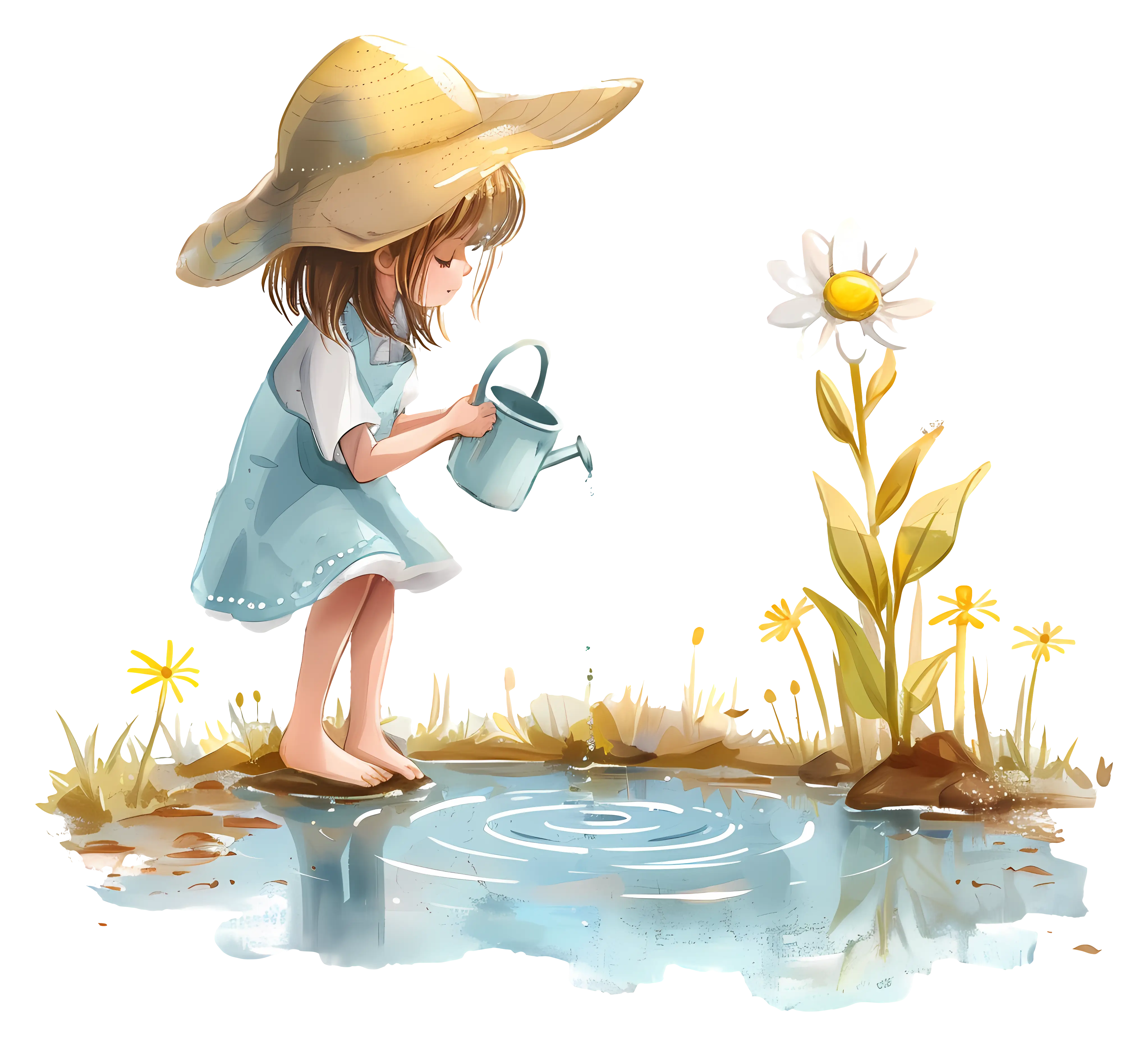 Illustrated Girl Watering a Flower by a Pond