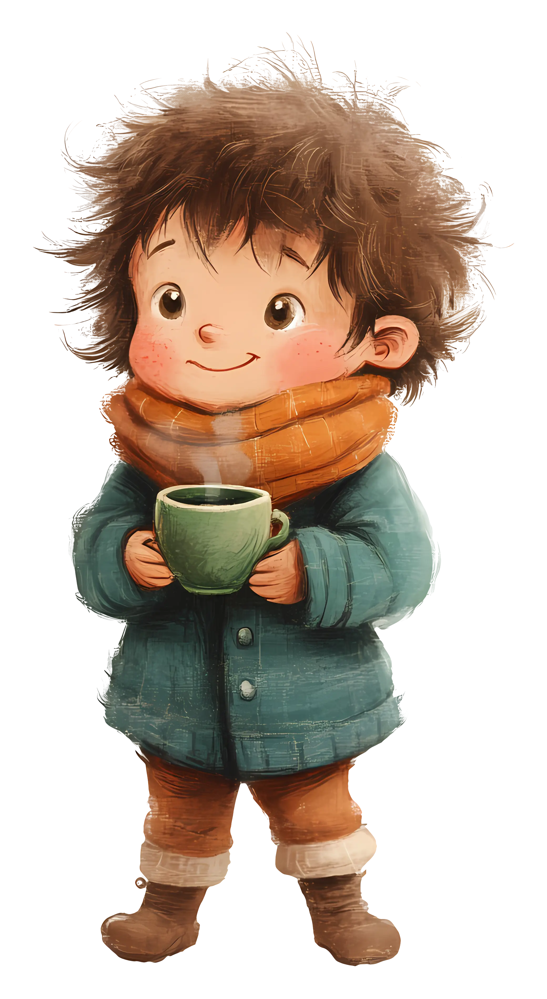 Child with Cup in Cozy Winter Attire