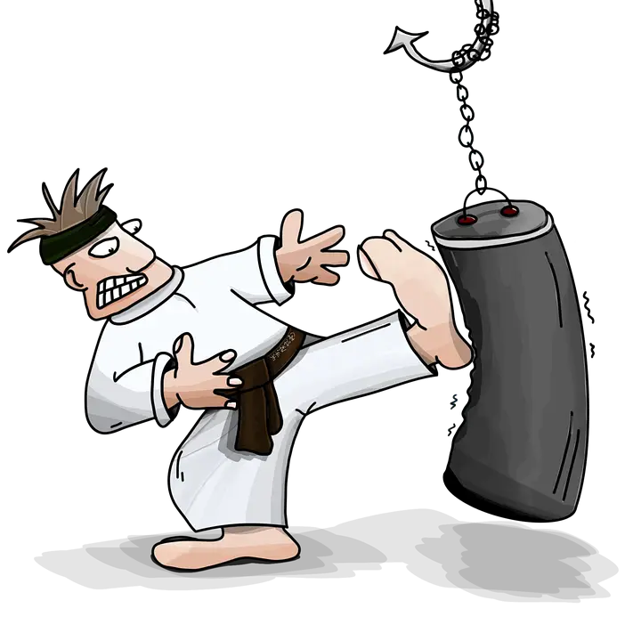 Cartoon Karate Fighter Kicking Punching Bag