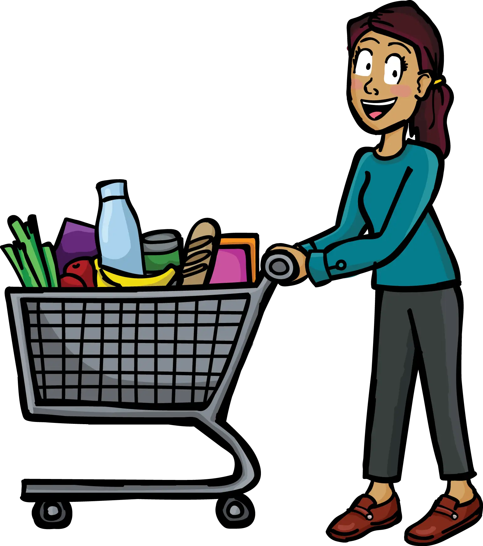 Cartoon Woman Grocery Shopping with Cart
