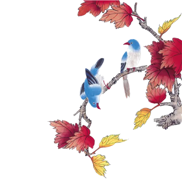 Blue Birds on Branches with Red Autumn Leaves