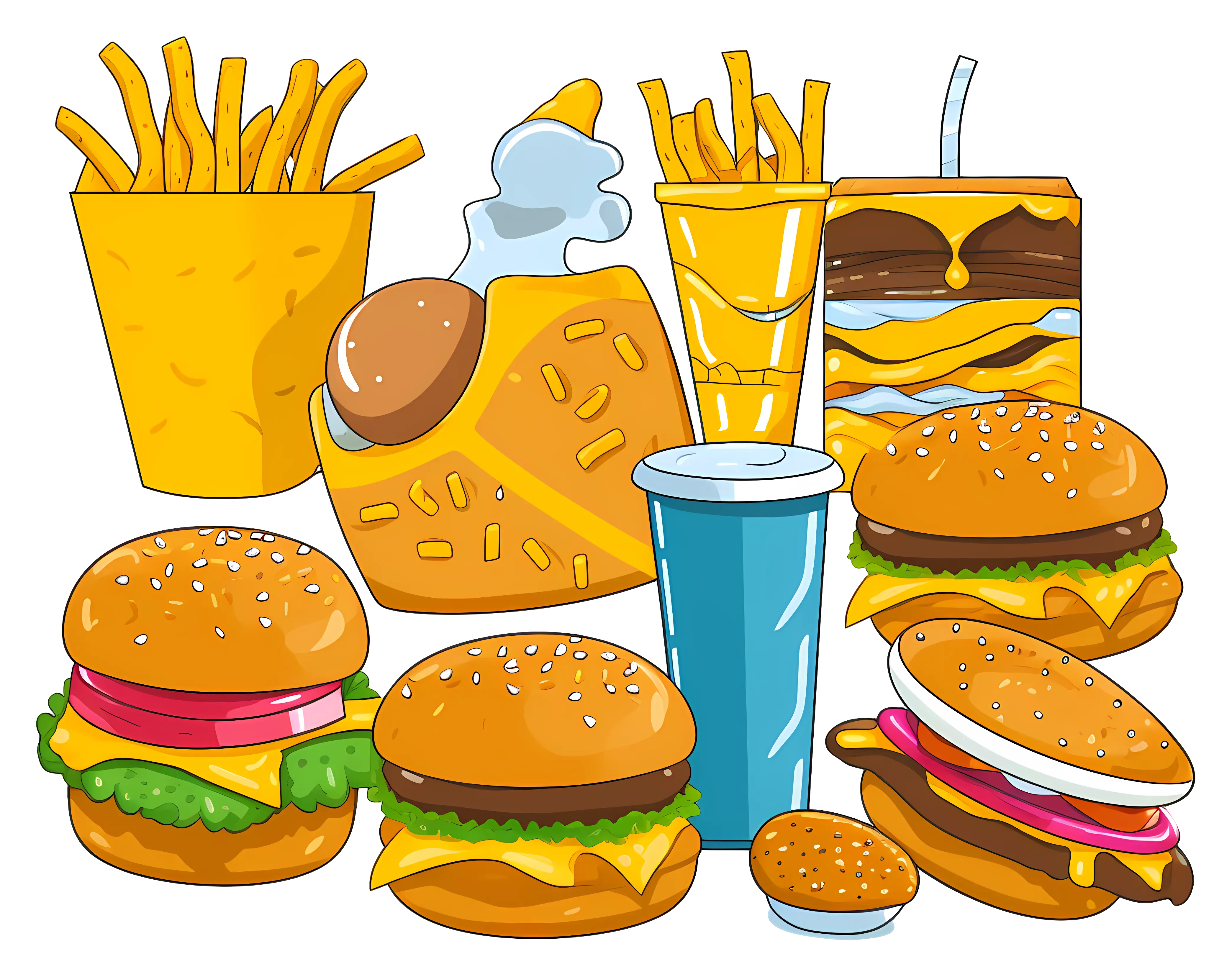 Fast Food Items Including Burgers and Fries