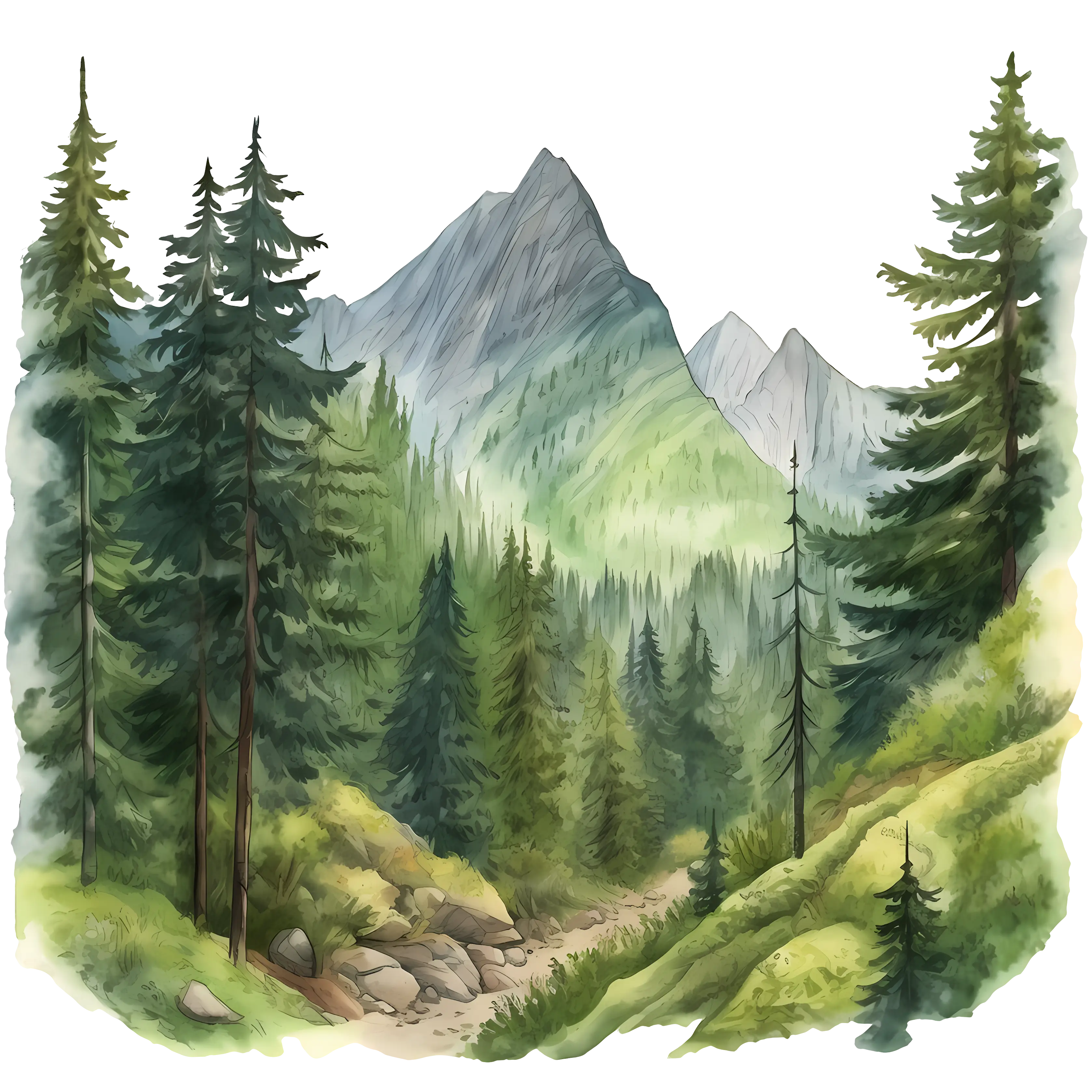Mountainous Forest Scenery Illustration