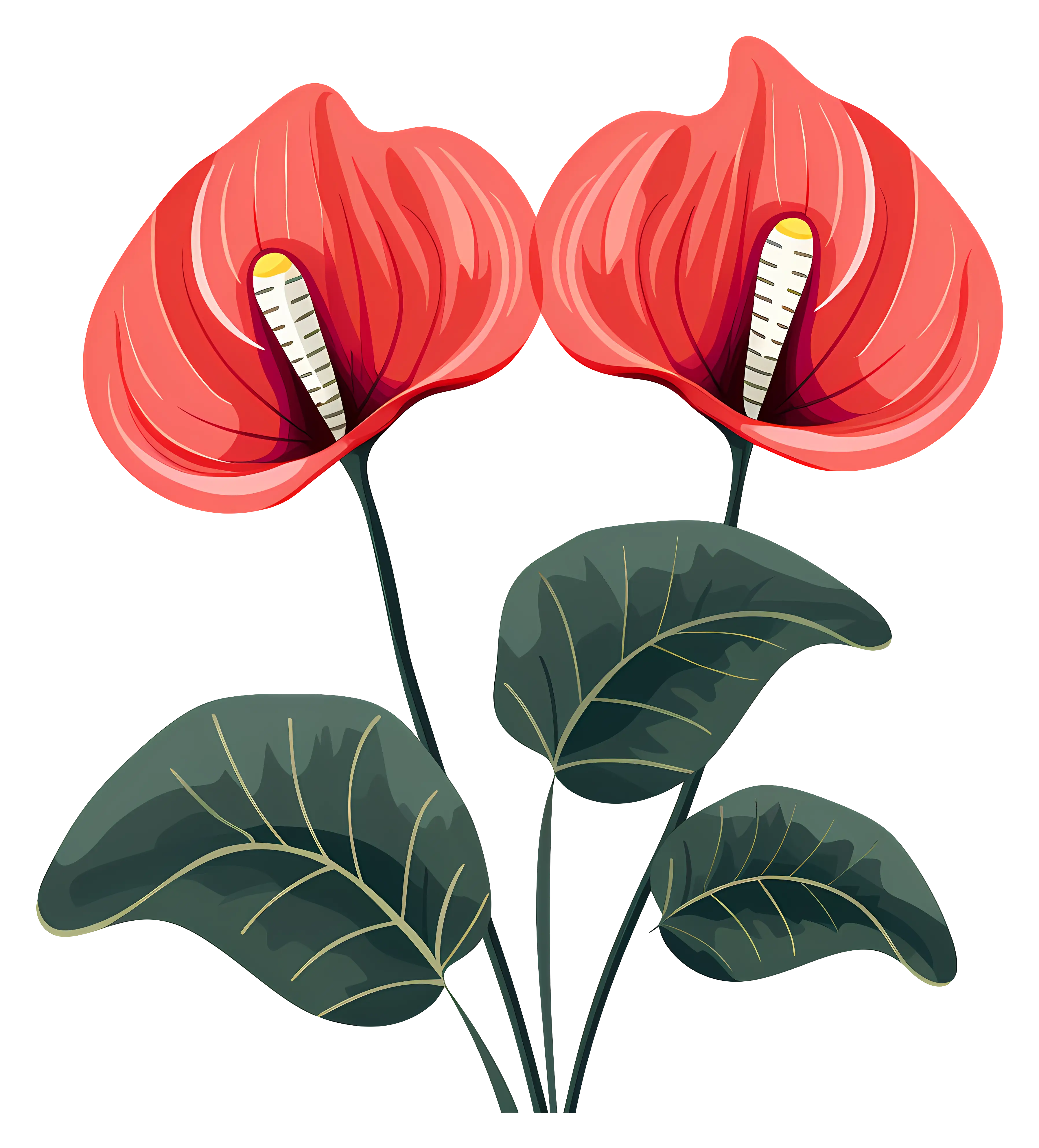 Tropical Red Anthurium Flowers with Green Leaves