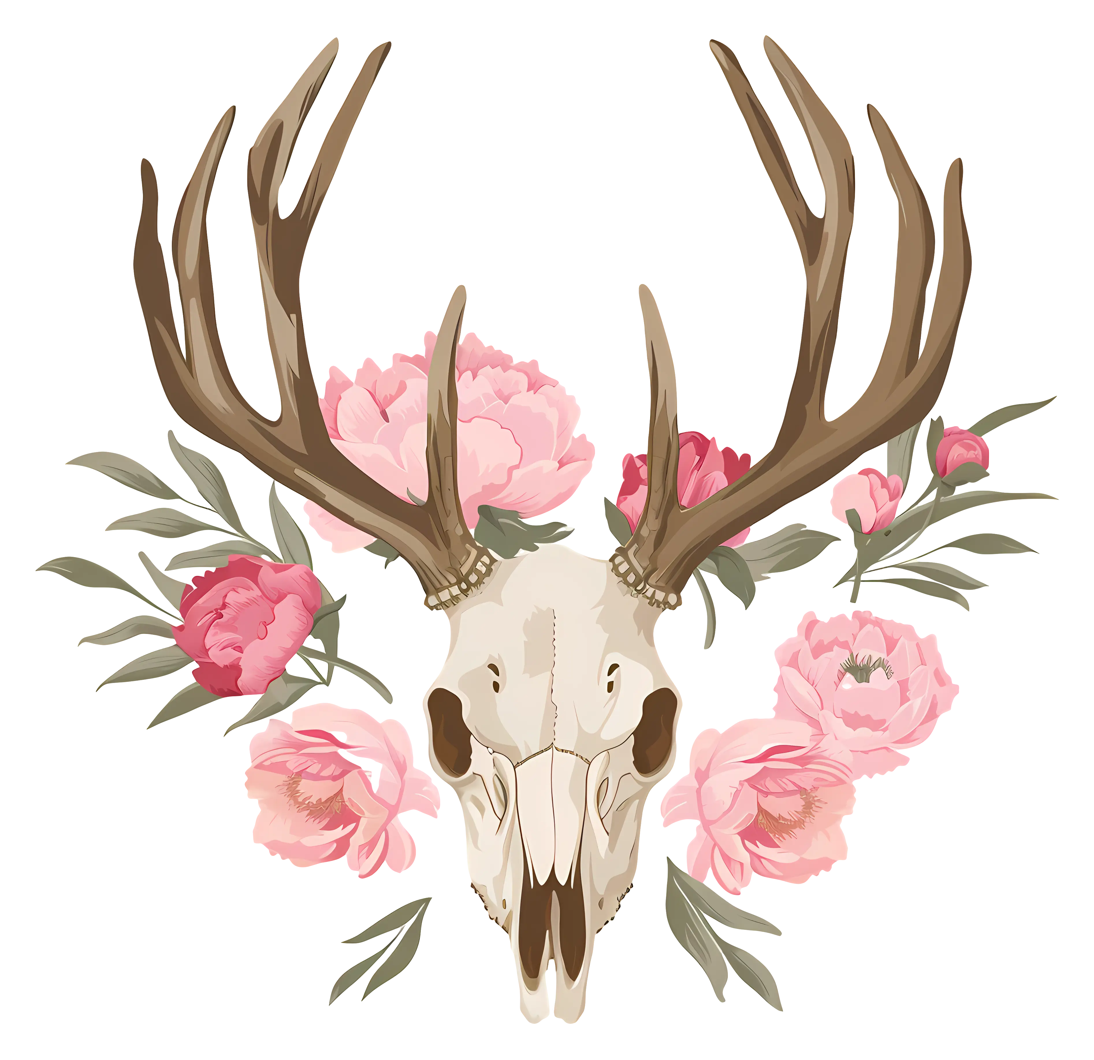 Deer Skull with Antlers and Pink Flowers