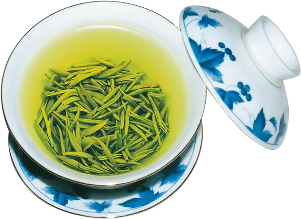 Green Tea with Leaves in Blue Patterned Cup