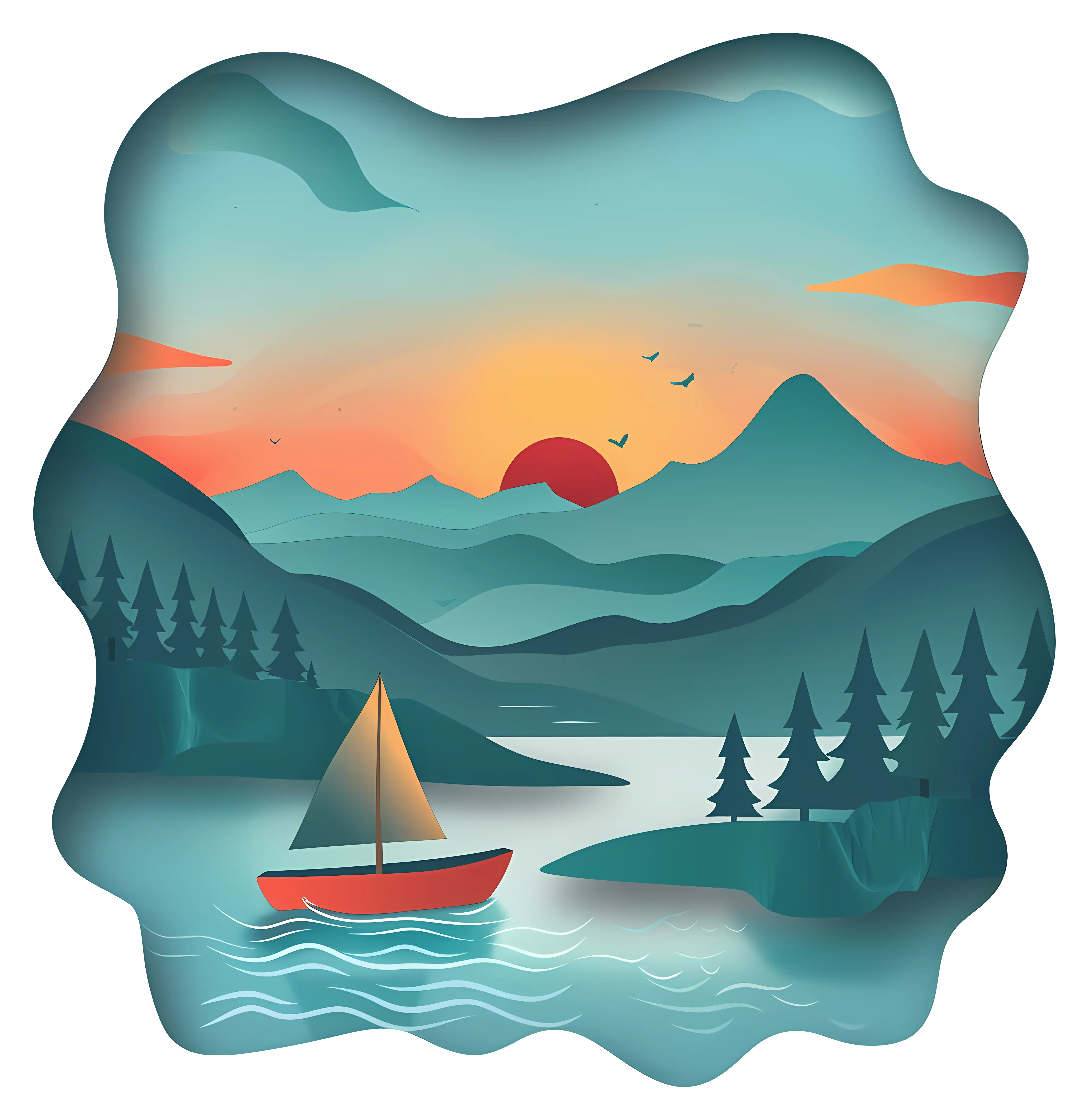 Serene Sunset Landscape with Boat and Mountains