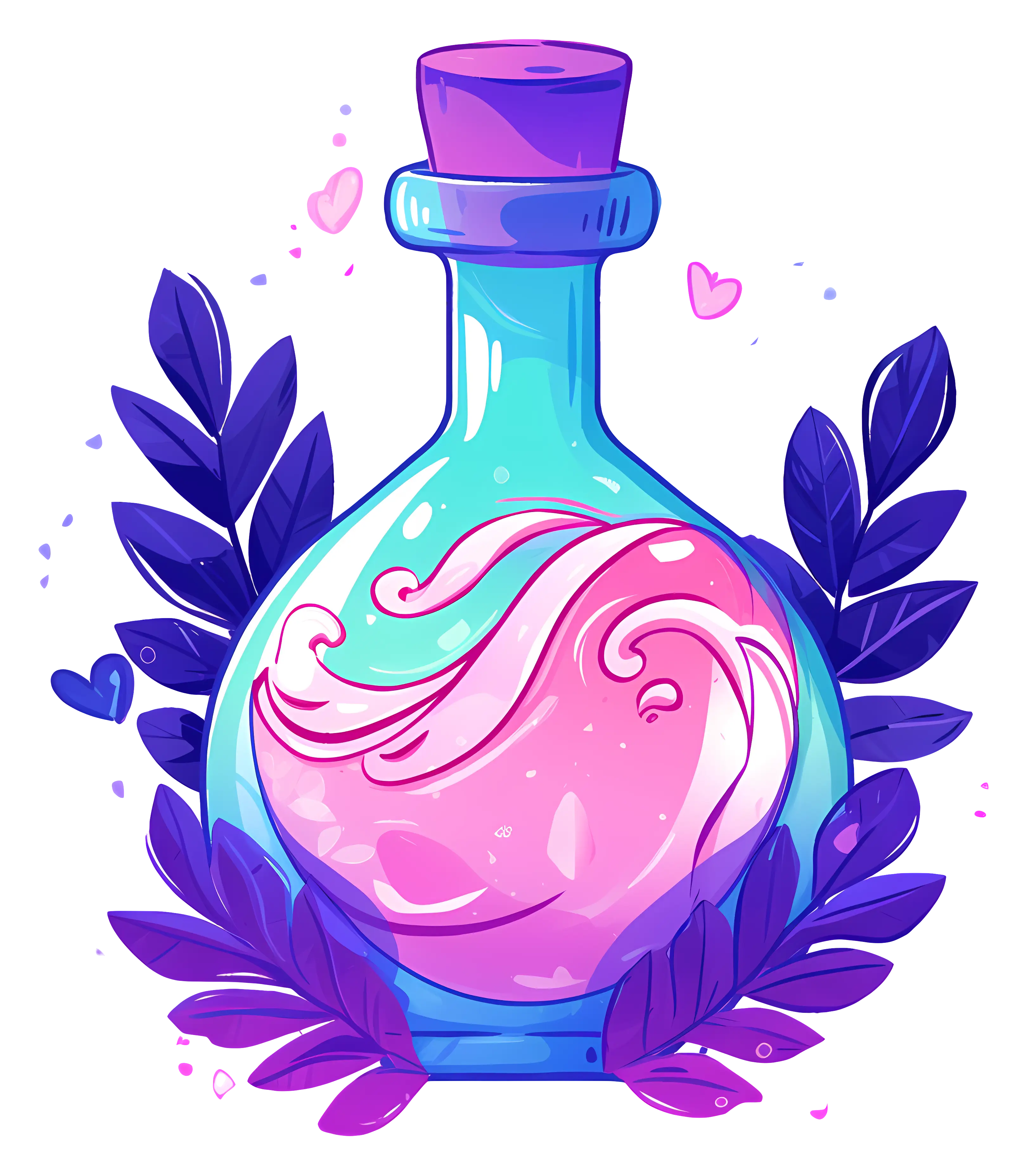 Blue Potion Bottle with Pink Wave Illustration