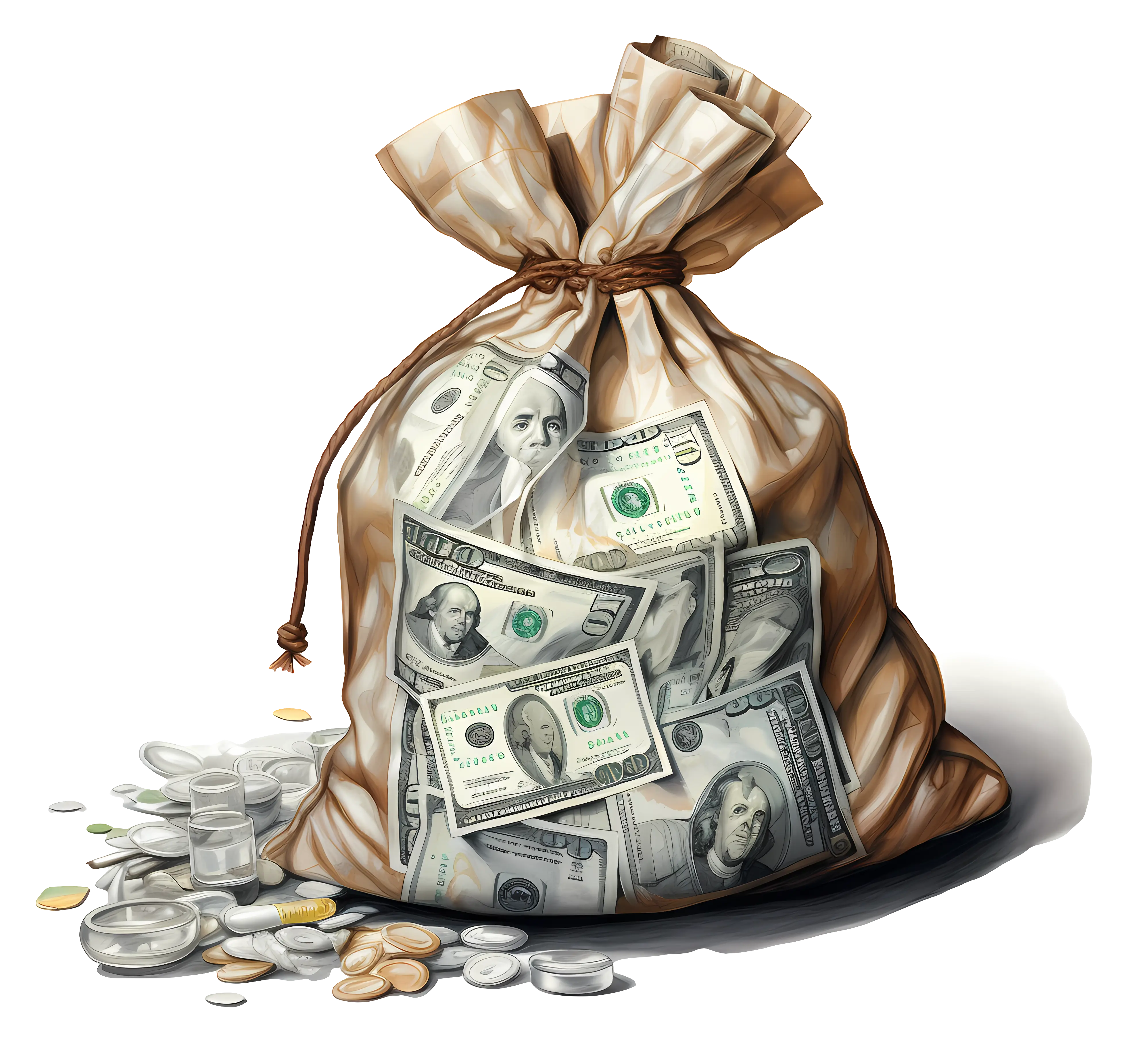 Bag of Money with Coins and Bills