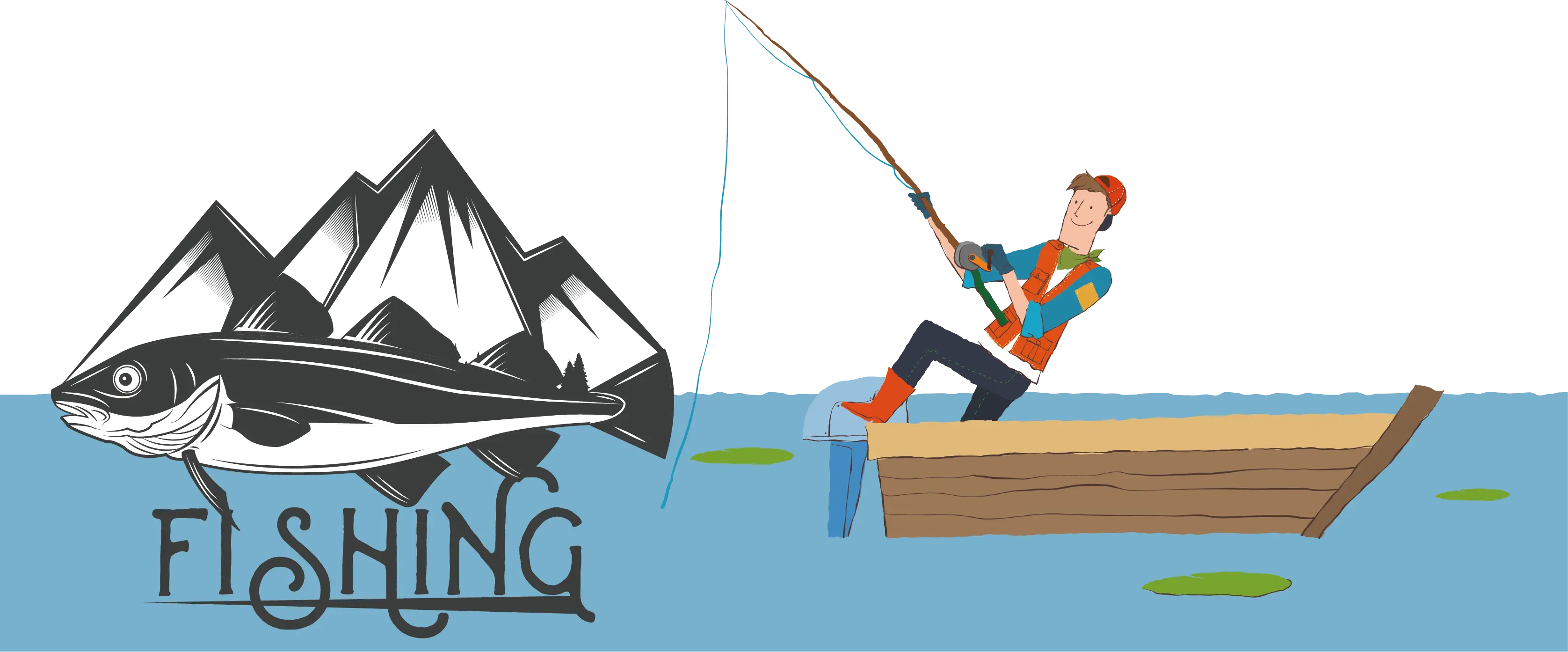 Fishing Man in Boat with Mountain Background