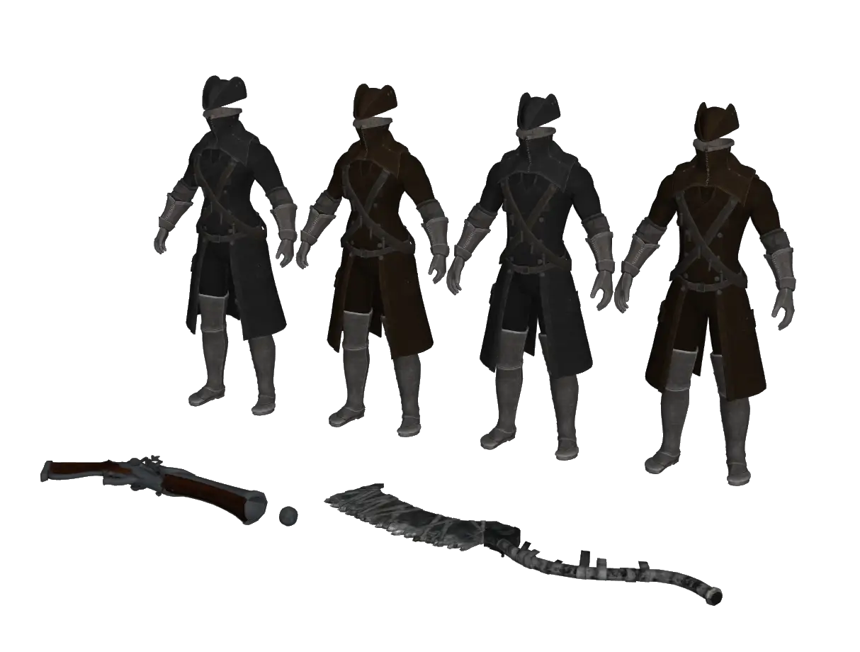Game Character in Dark Outfit with Weapons