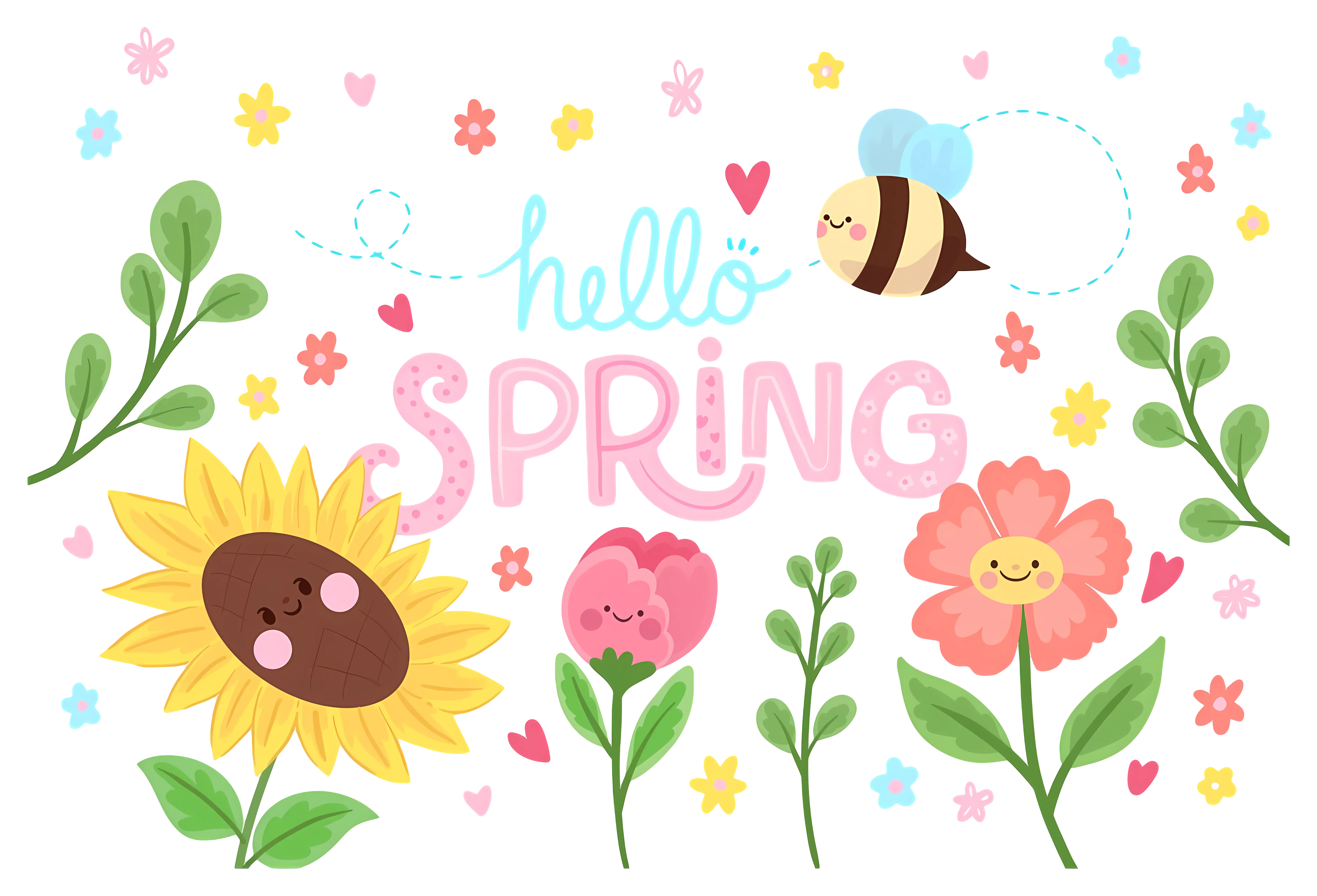 Hello Spring with Cute Flowers and Bee