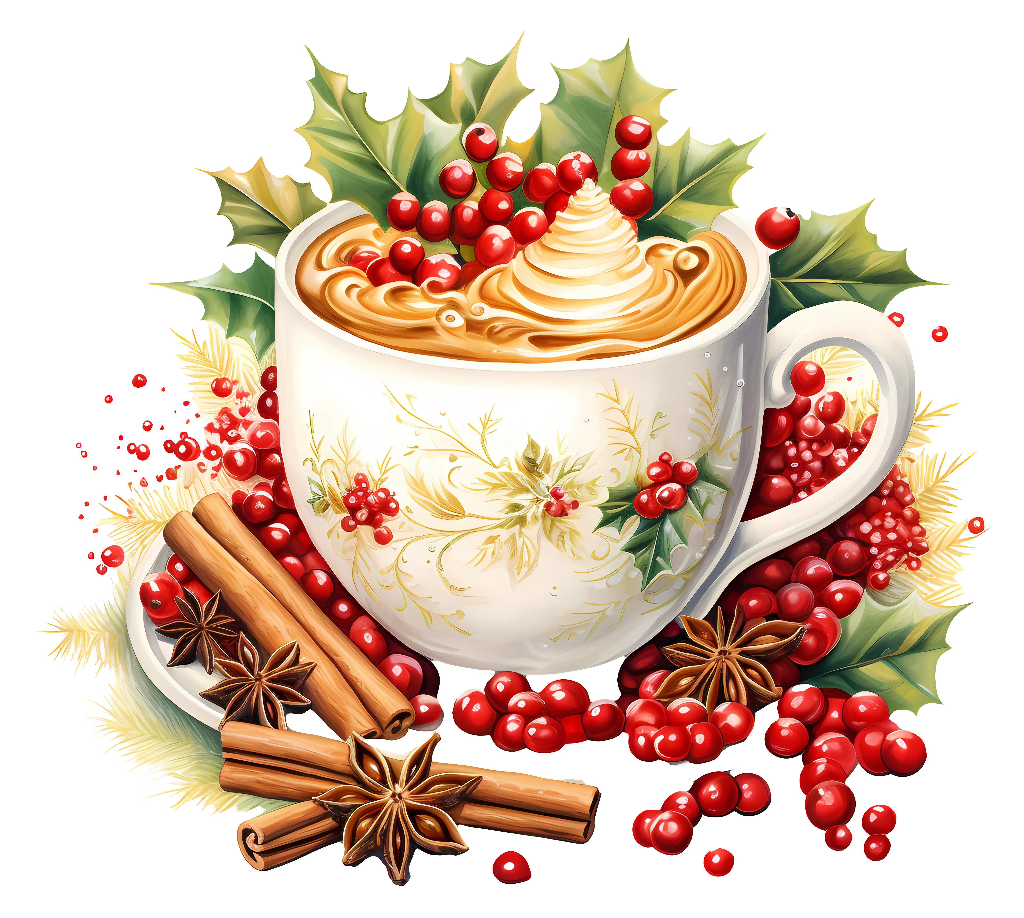 Festive Cup with Berries, Cinnamon, and Christmas Design