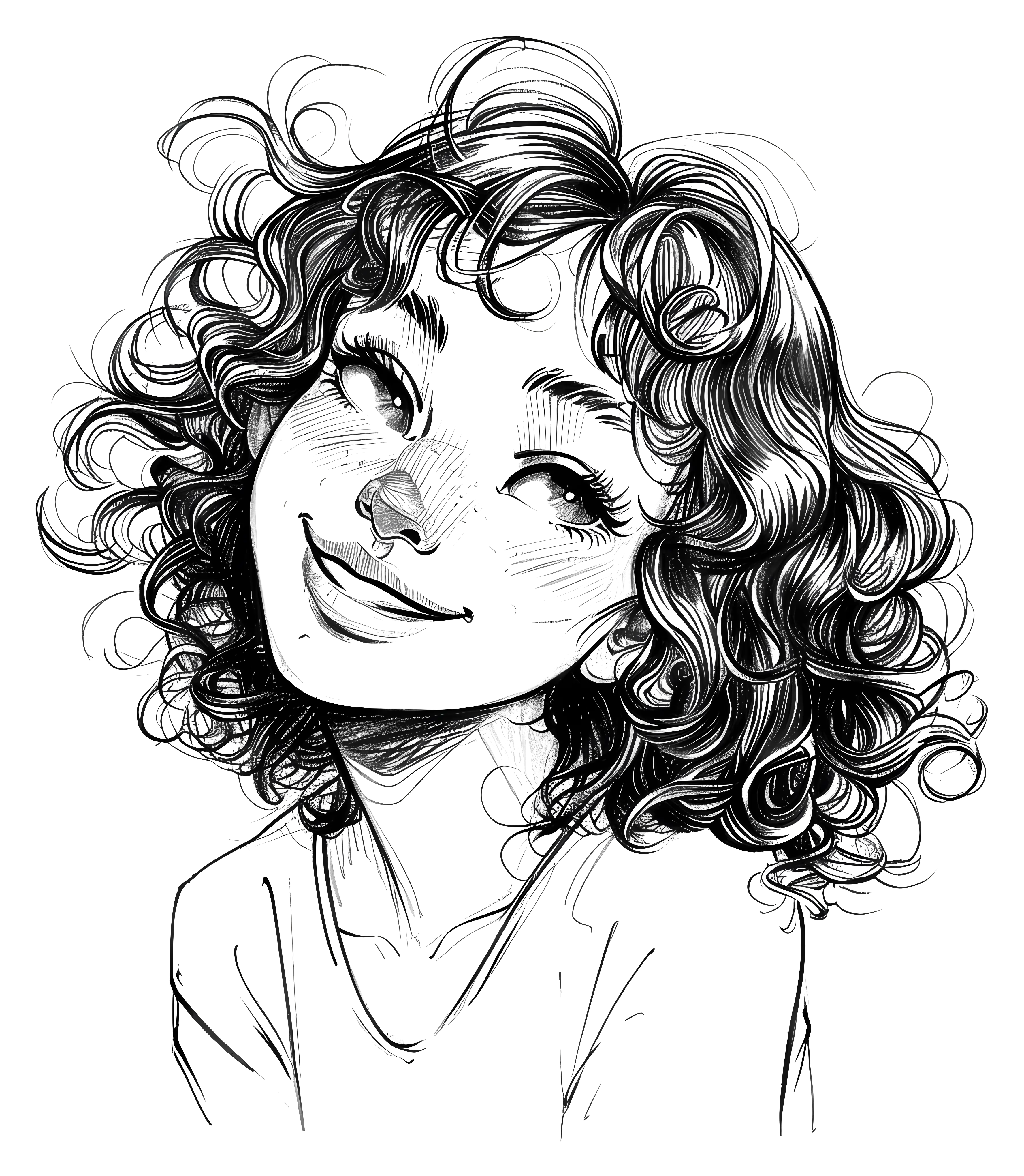 Smiling Girl with Curly Hair Drawing