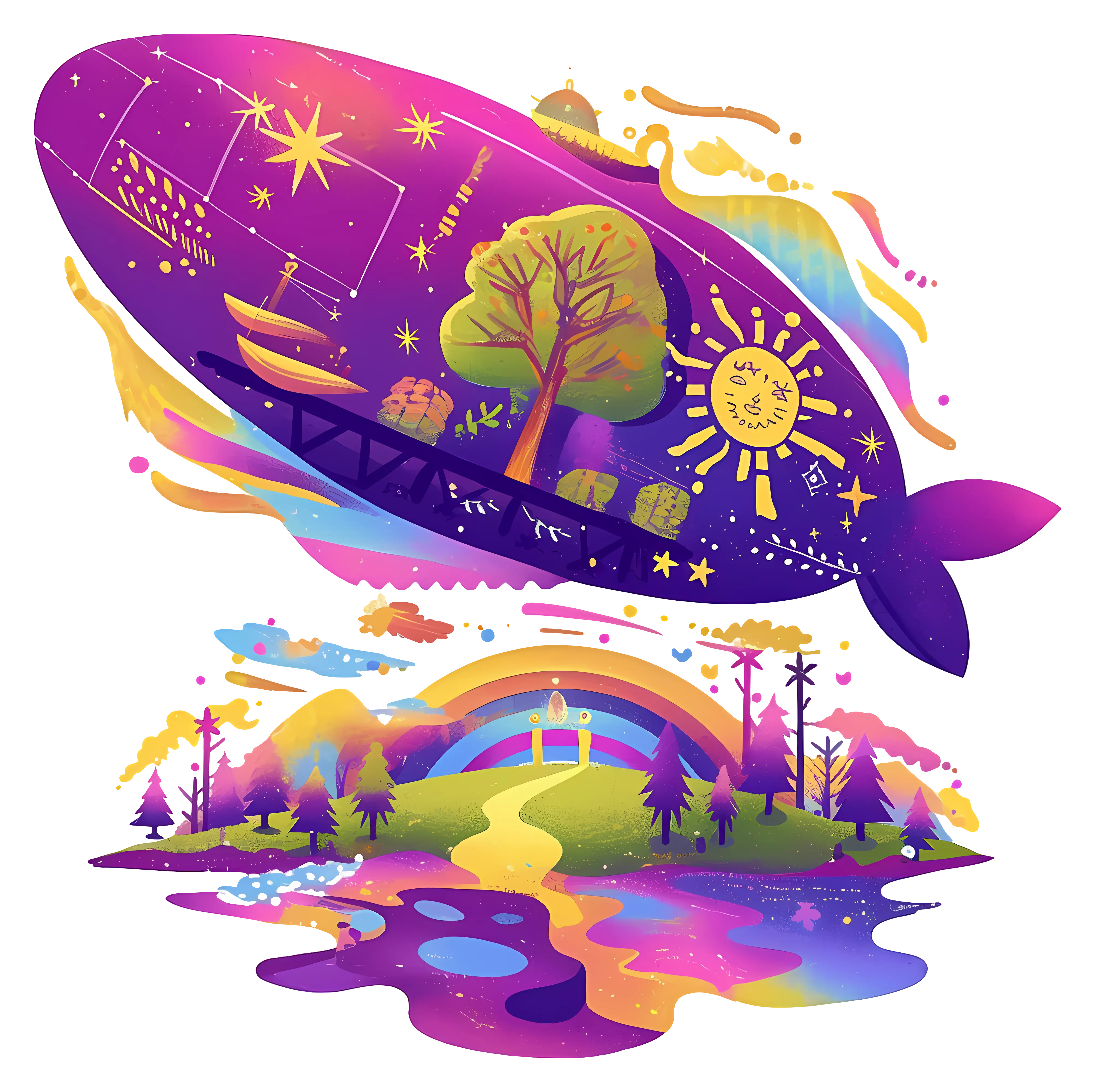Fantasy Airship over Colorful Landscape