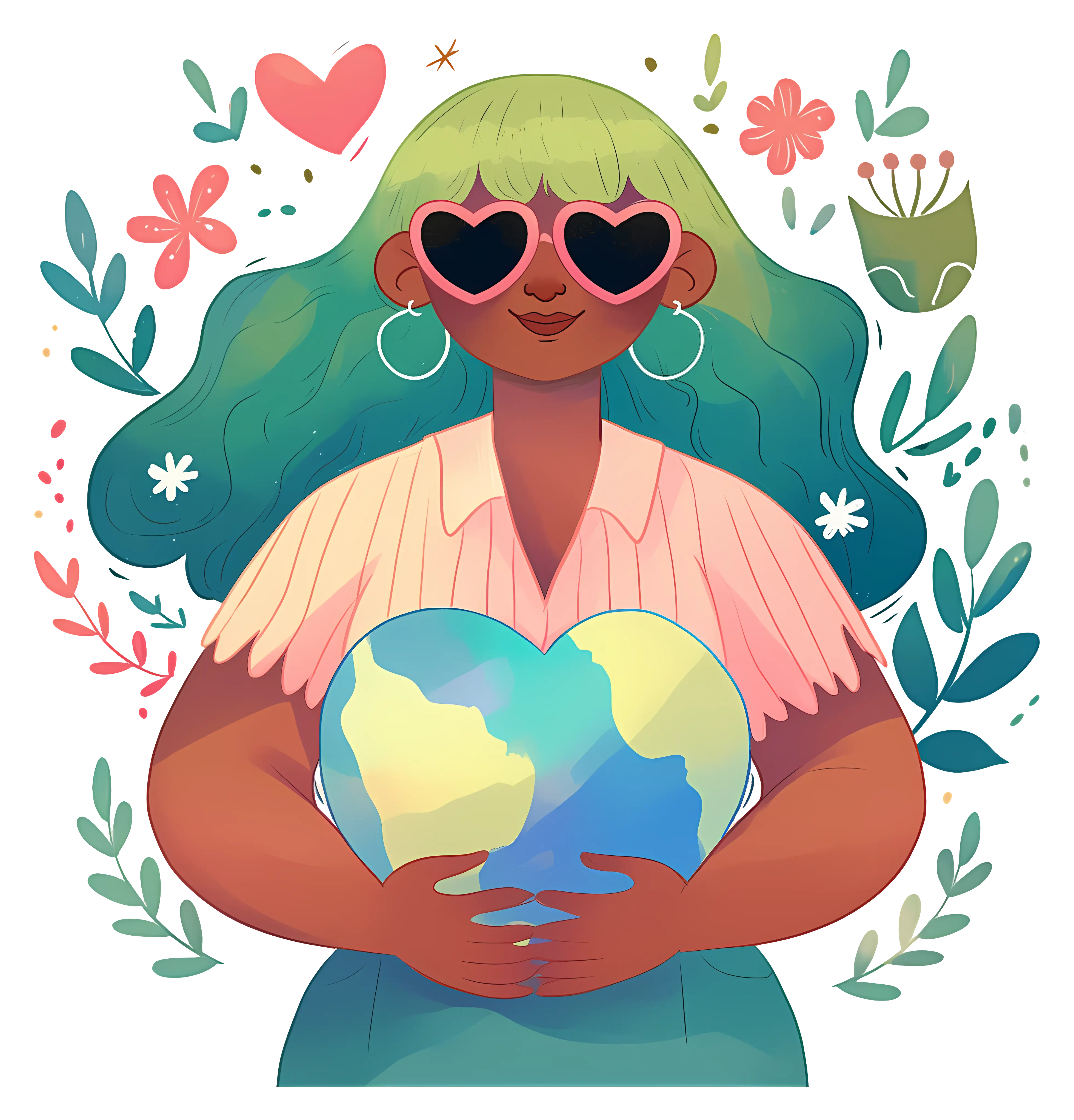 Girl Holding Earth with Heart Glasses