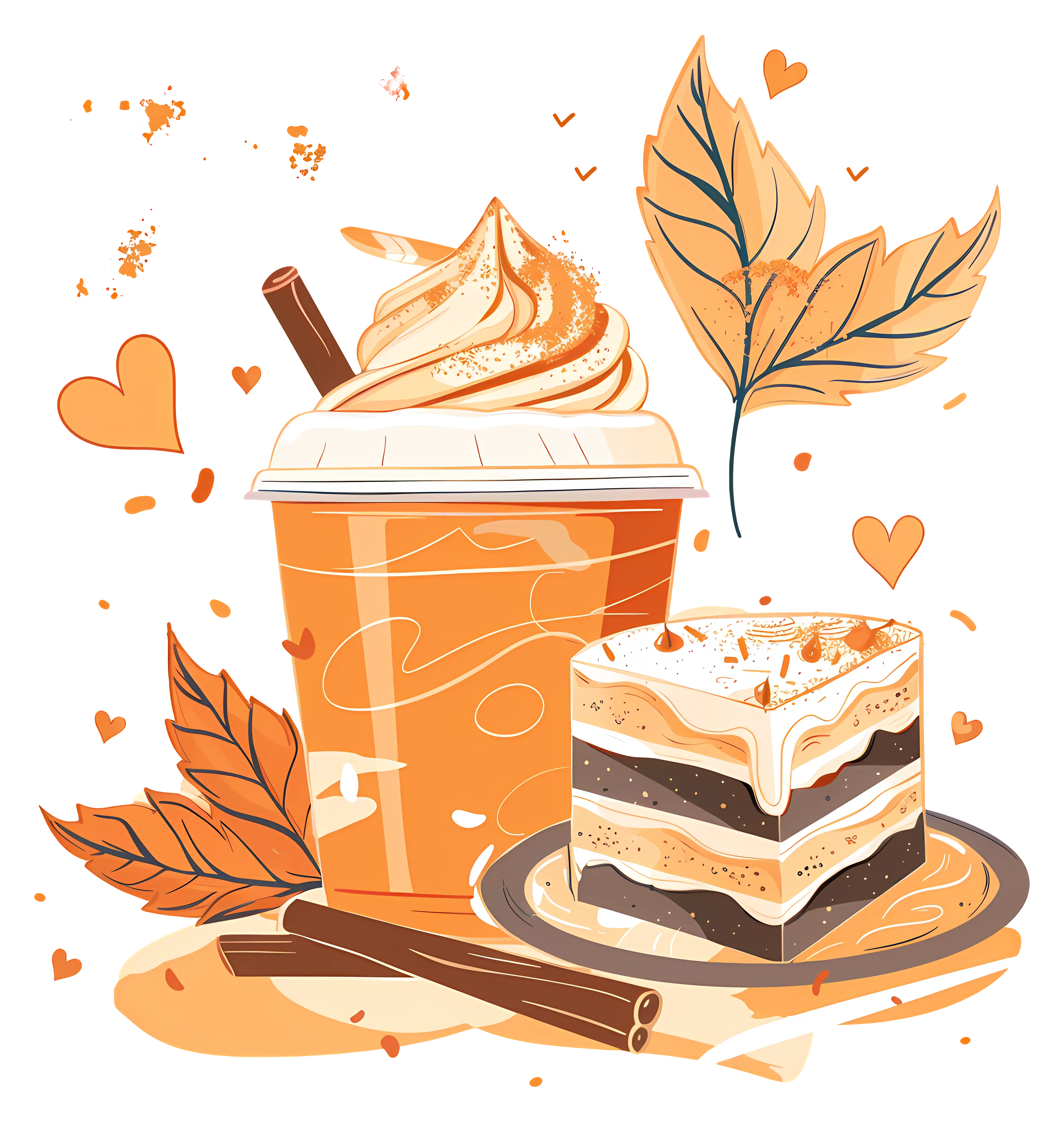 Autumn Dessert and Pumpkin Spice Drink Illustration