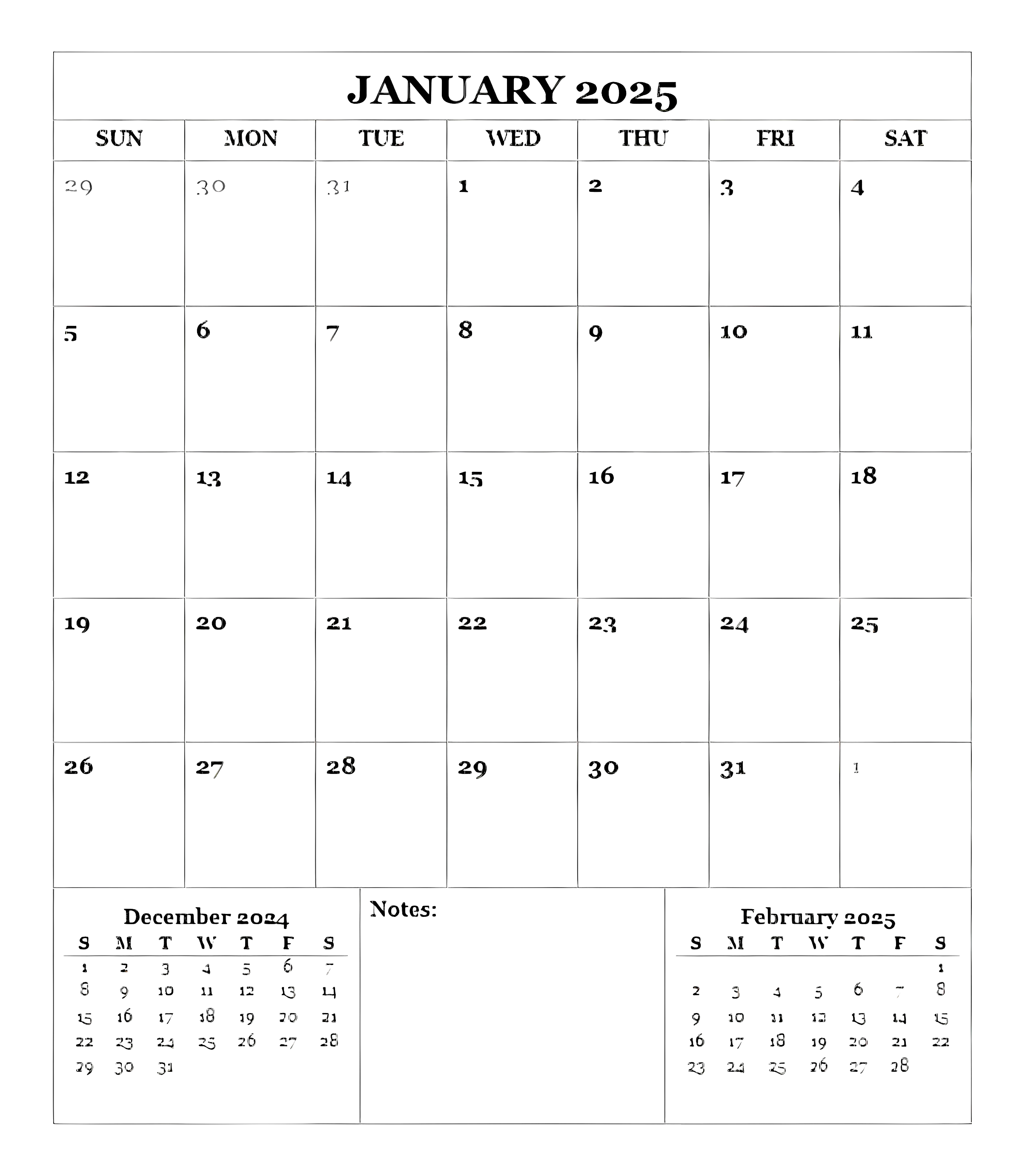 Simple January 2025 Calendar