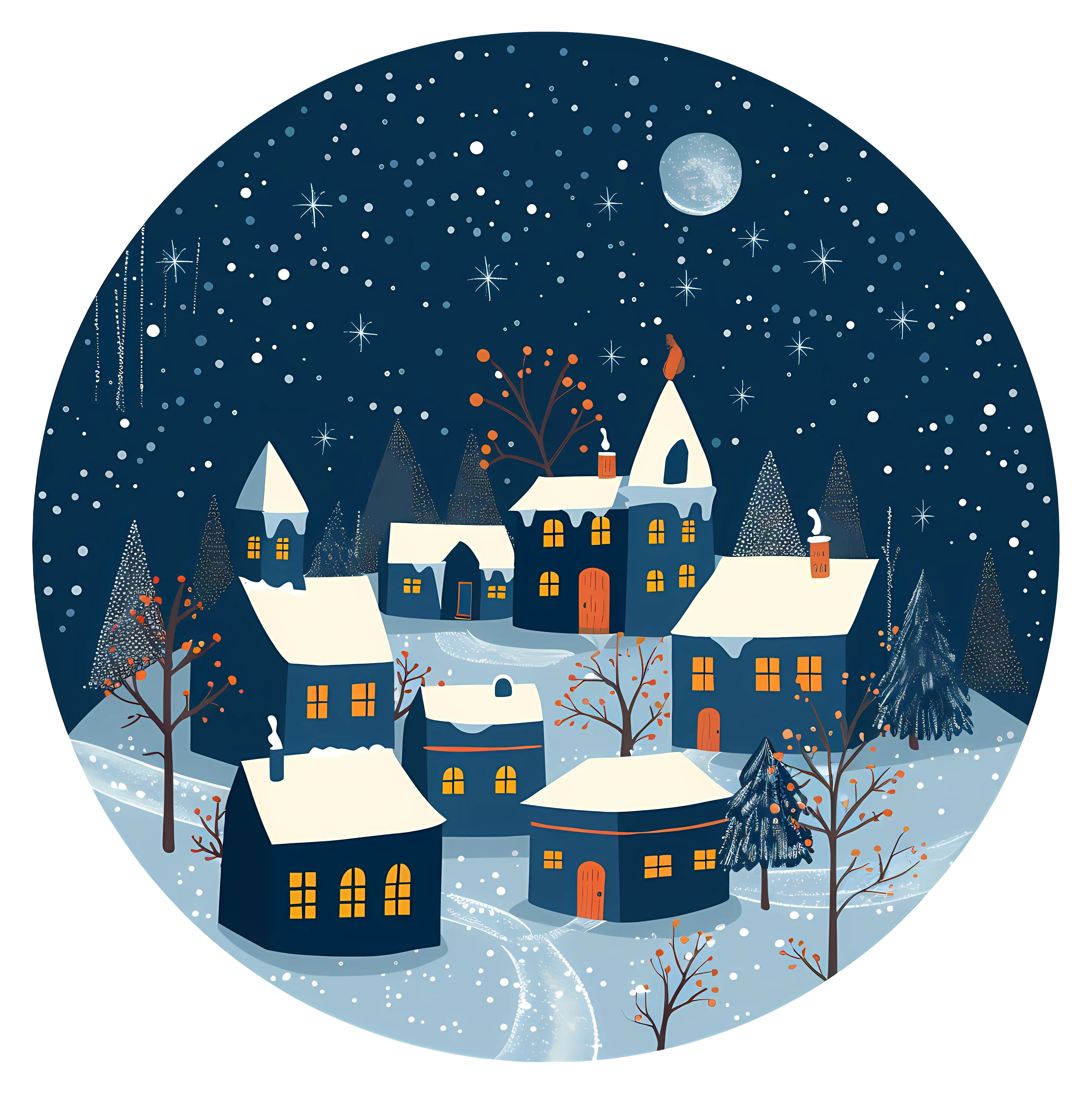Winter Night Village Under a Starry Sky