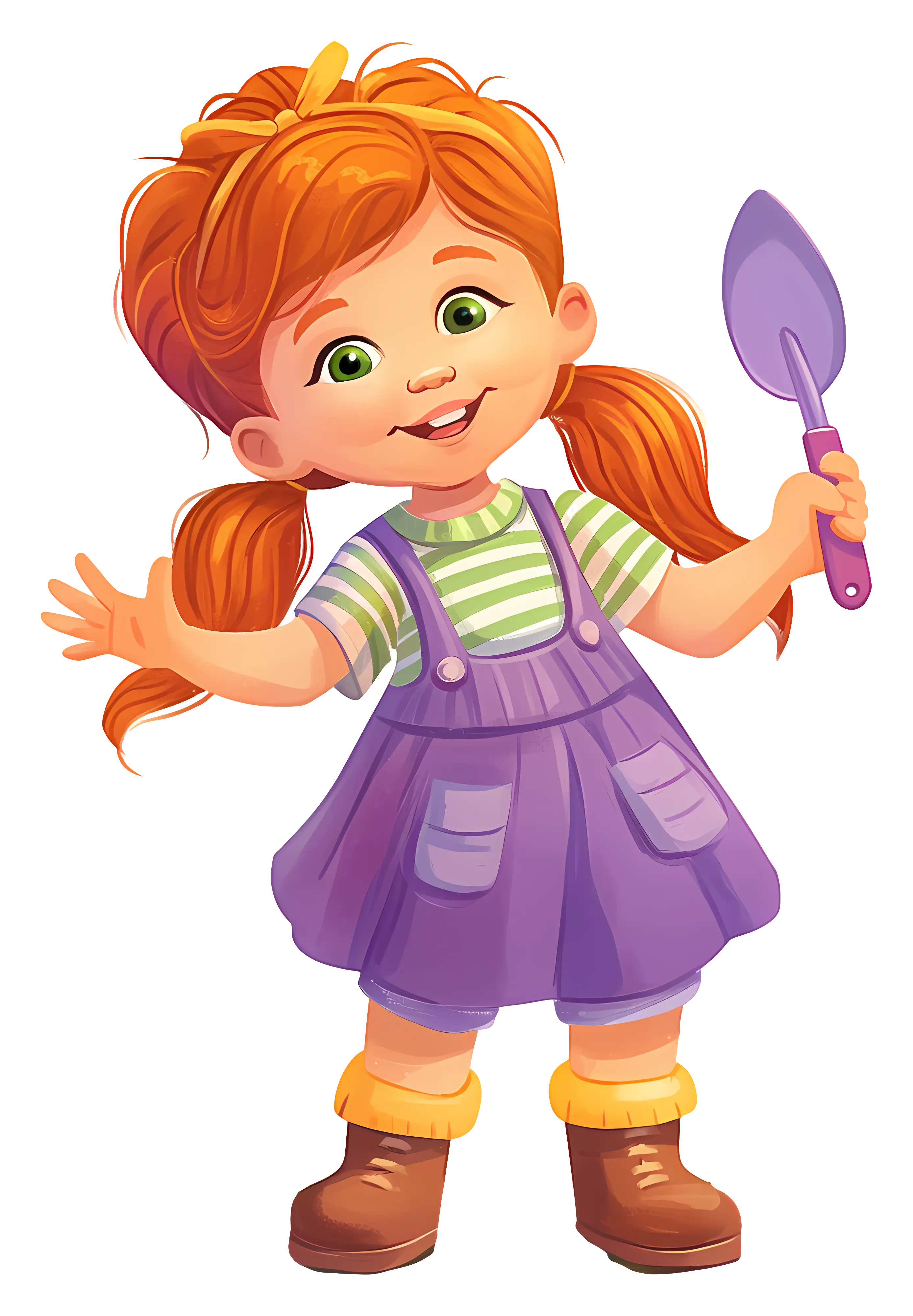 Cartoon Girl with Shovel in Purple Dress