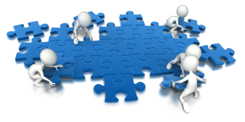 3D Figures Solving a Blue Puzzle Together