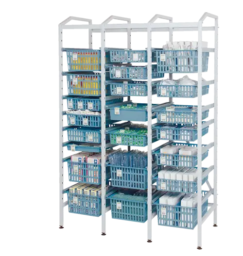 Blue Storage Shelves with Baskets
