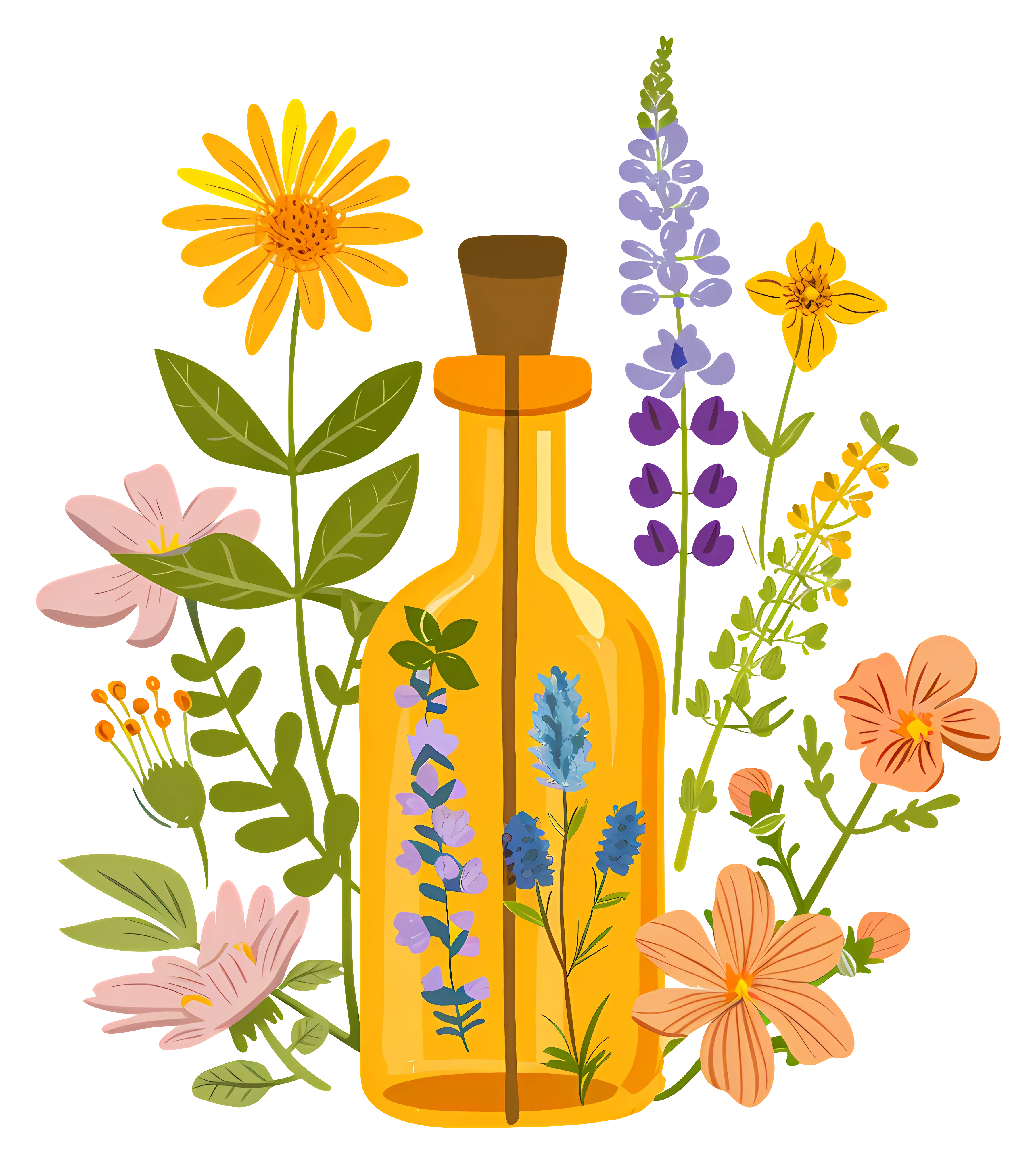 Bottle of Floral Oil with Beautiful Flowers