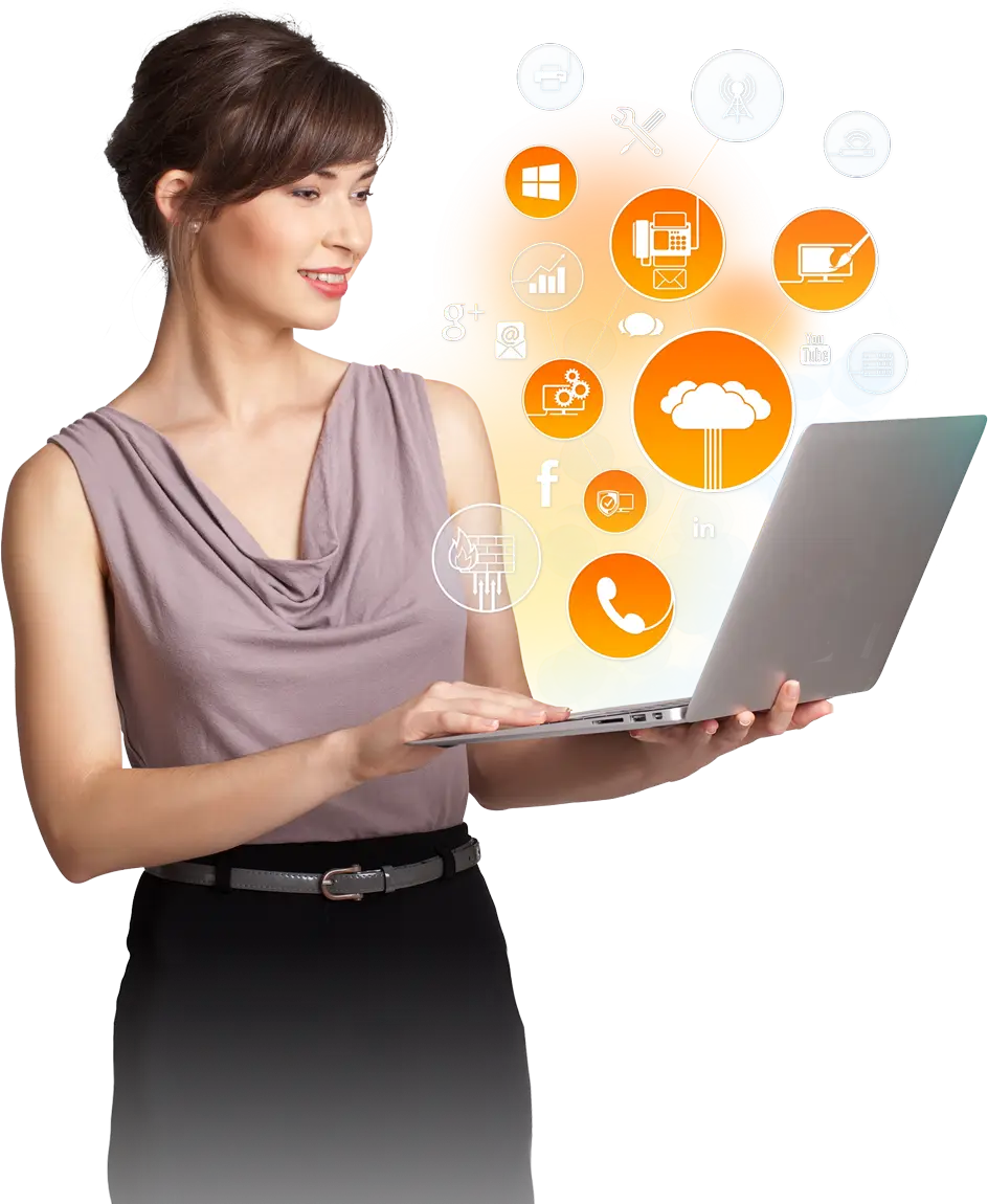 Woman Using Laptop with Technology Icons