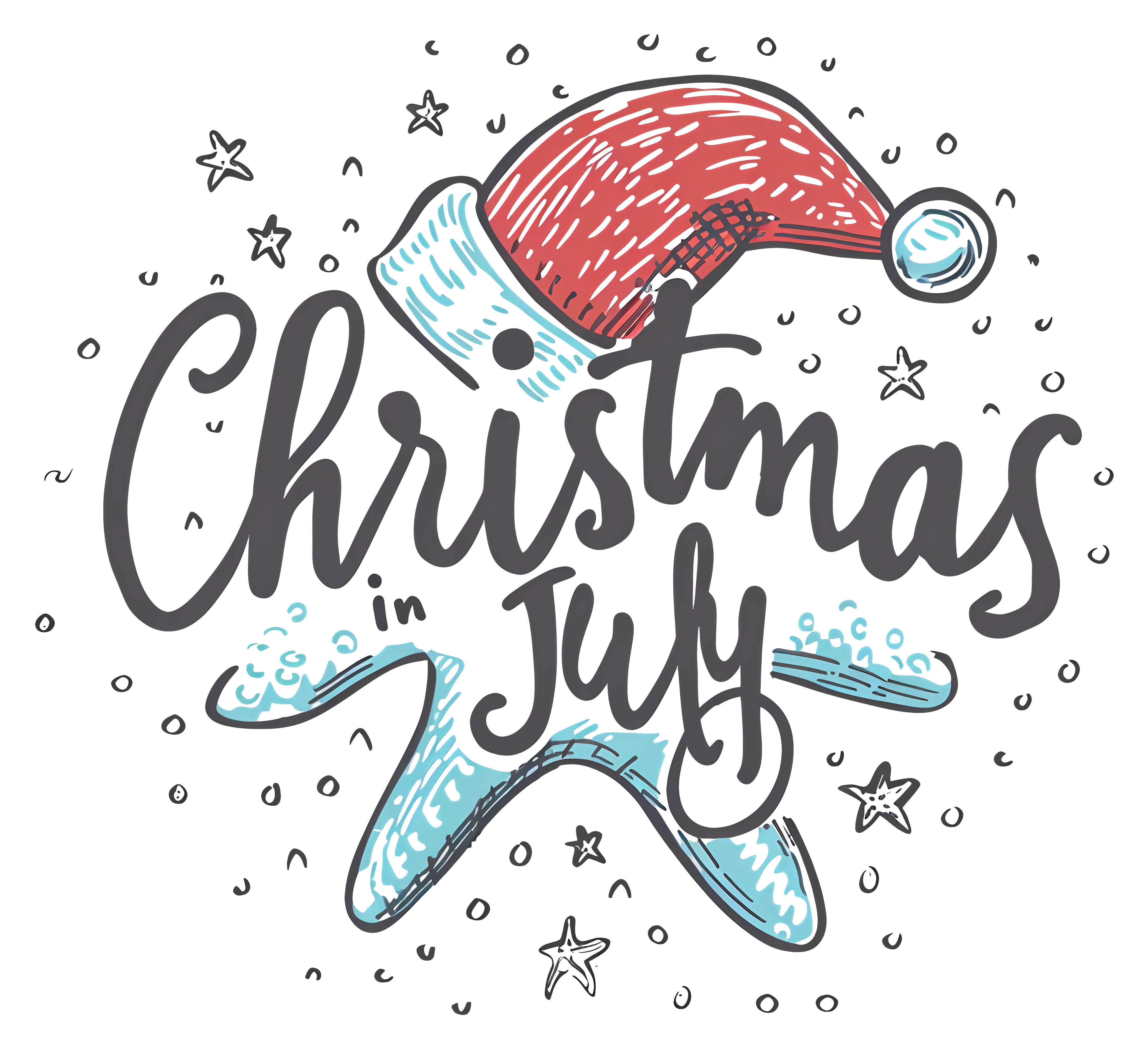 Christmas in July themed logo with Santa hat