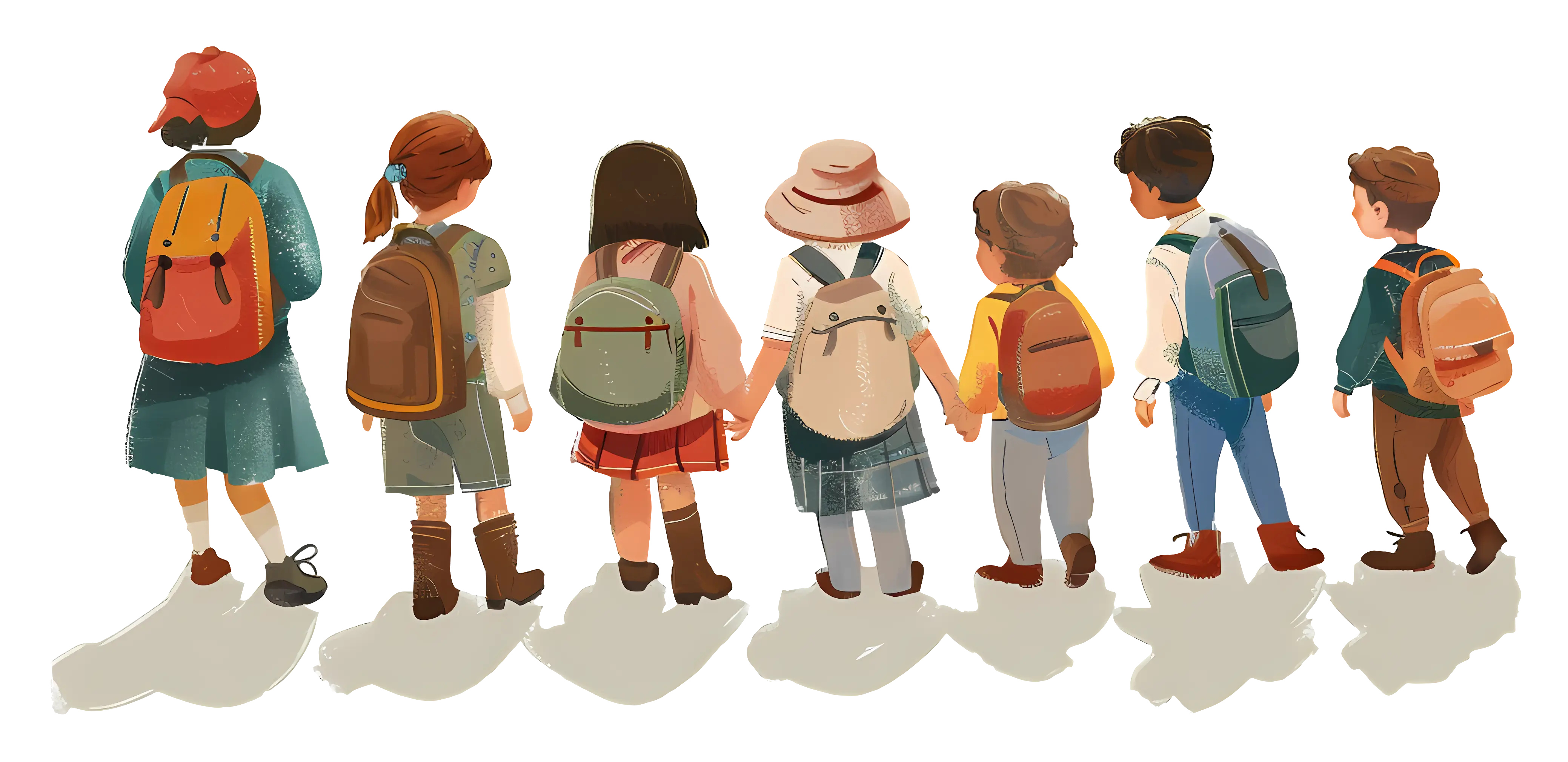Group of Children with Backpacks Holding Hands