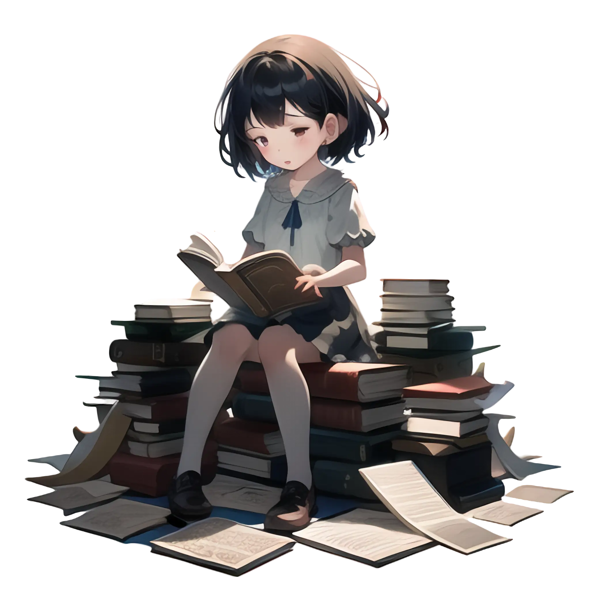 Cute Girl Reading Among a Stack of Books