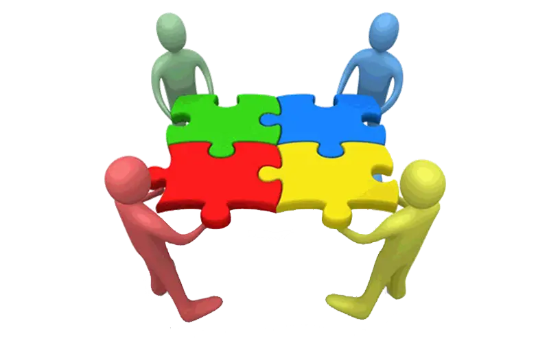 Colorful Puzzle Pieces Held by Team Figures