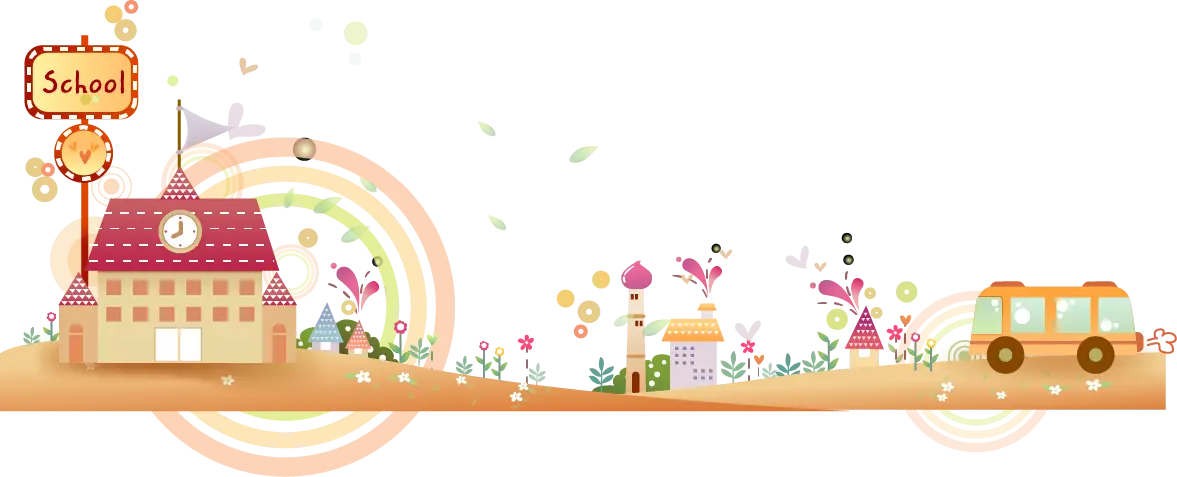 Colorful School with Bus and Flowers