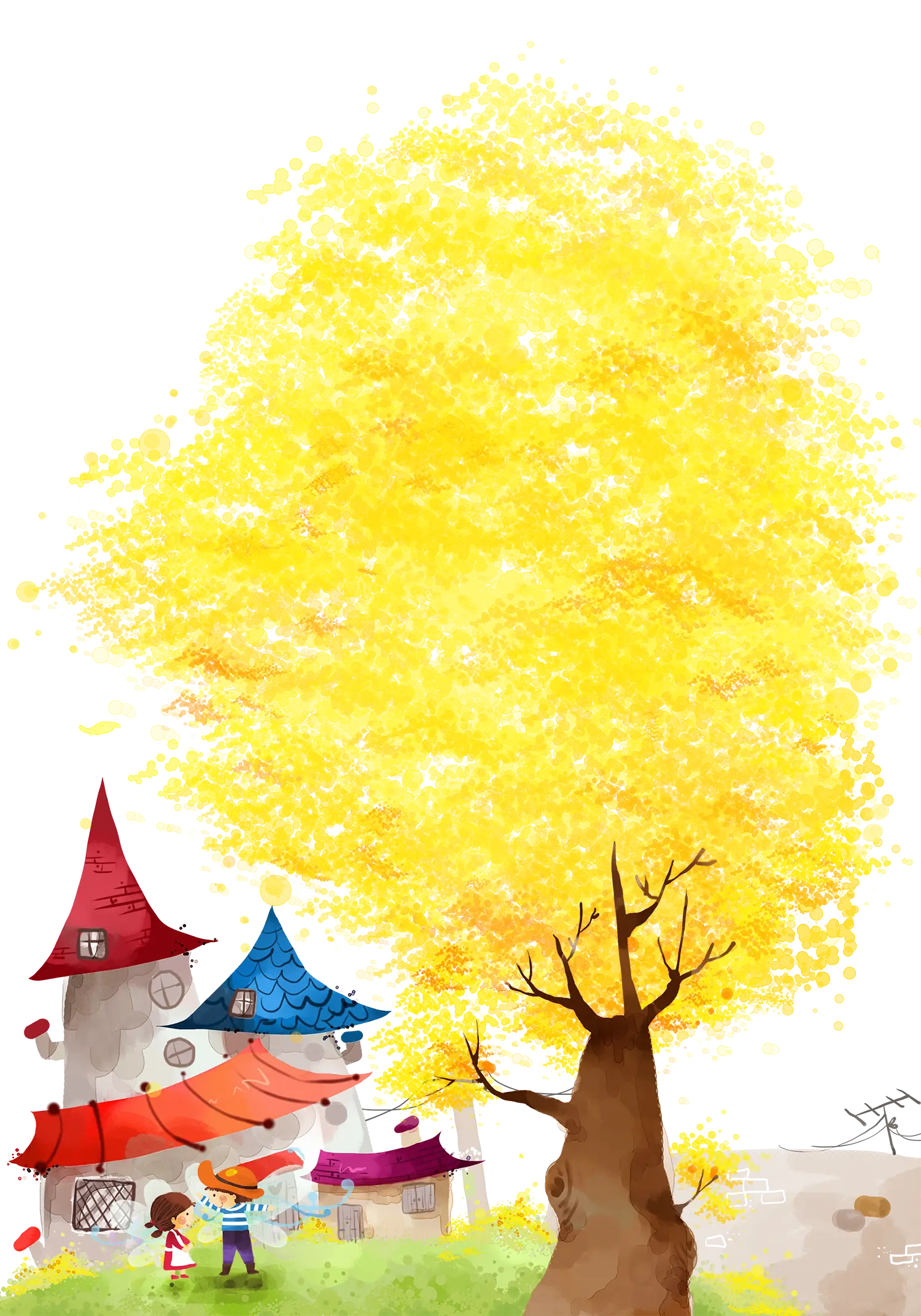 Yellow Tree in Autumn Village